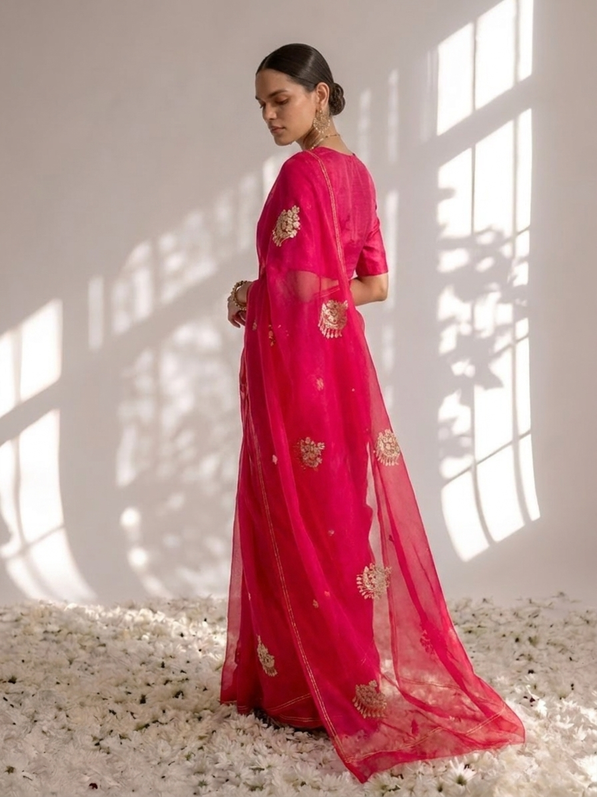 Rani Pink and Red Pure Silk Chiffon Hand Ombre Saree with Jewellery Embroidery and Blouse Fabric
