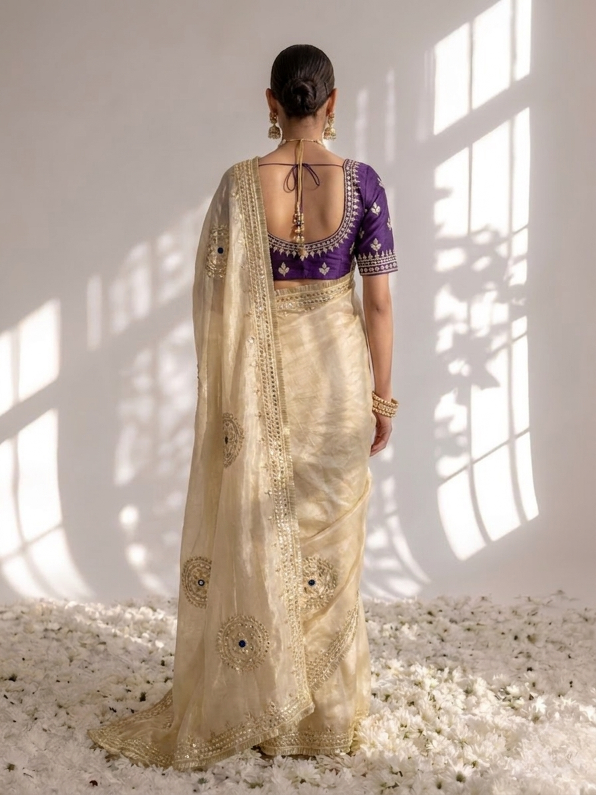 Gold Tissue with Purple Blouse Gota Patti Saree with Blouse Fabric