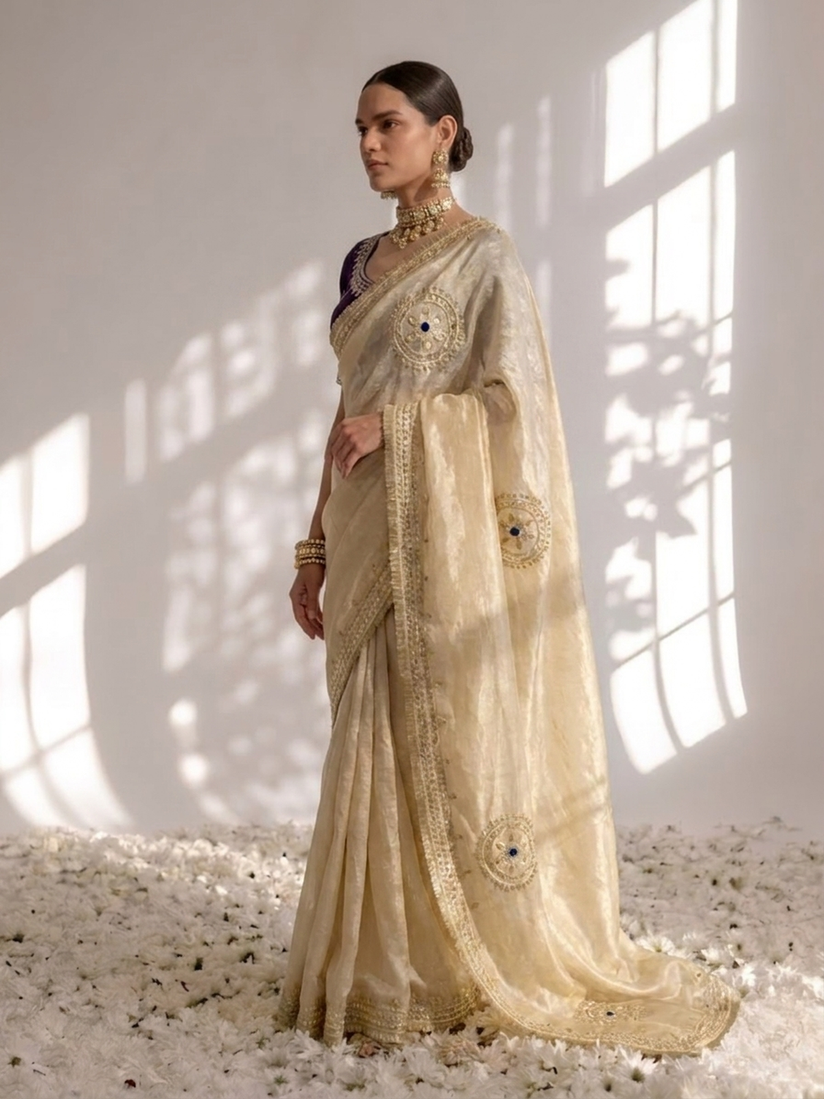 Gold Tissue with Purple Blouse Gota Patti Saree with Blouse Fabric