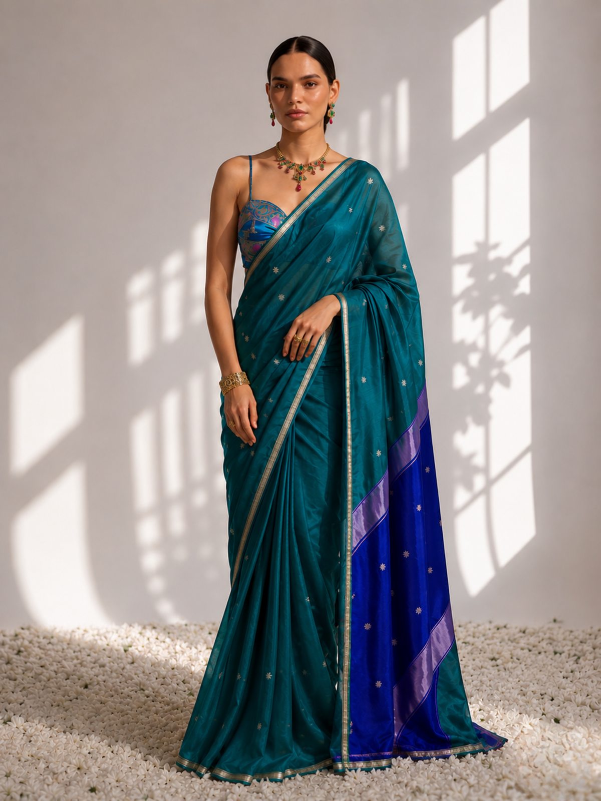 Peacock and Blue Maheshwari Silk Cotton Saree with Self Blouse Fabric