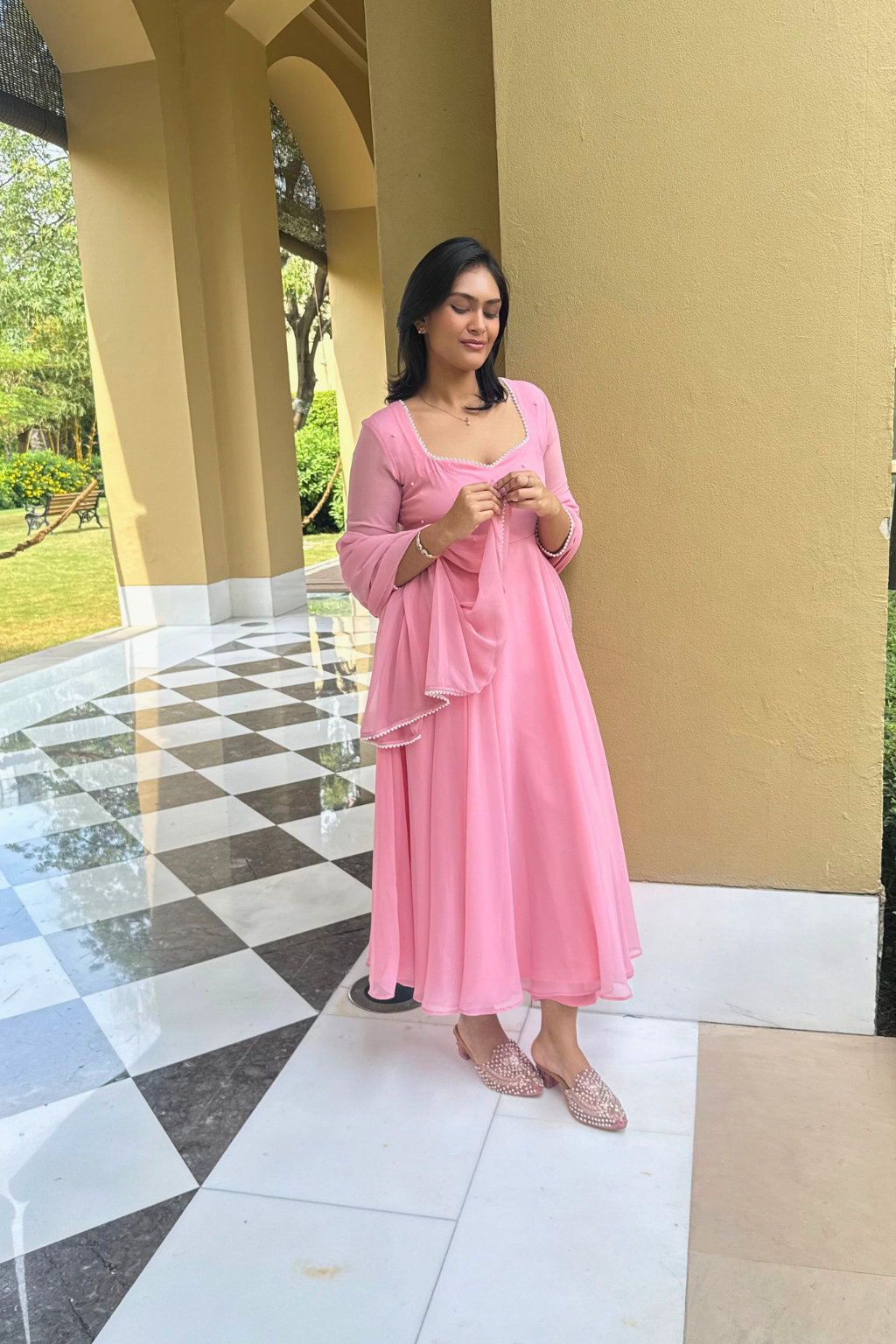 3 pc Suit Set -Light Pink Pearl Edge Georgette 3/4th Sleeve Anarkali with Dupatta and Pants