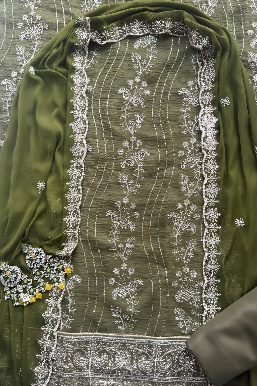 3 Pc Unstitched Suit - Chiffon Green hand Embroidered Beaded Kurta with Lining ,Dupatta and Bottom