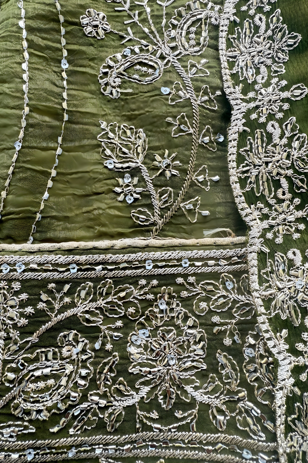 3 Pc Unstitched Suit - Chiffon Green hand Embroidered Beaded Kurta with Lining ,Dupatta and Bottom