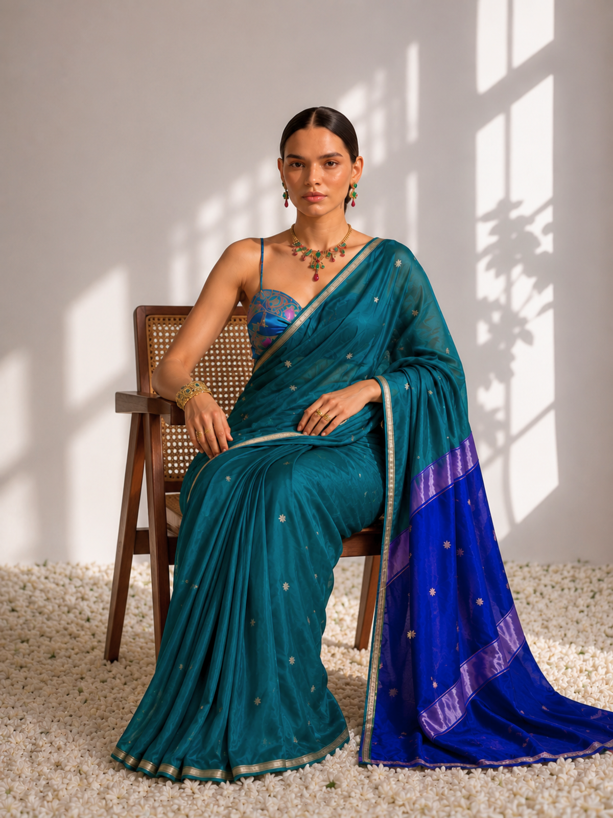 Peacock and Blue Maheshwari Silk Cotton Saree with Self Blouse Fabric