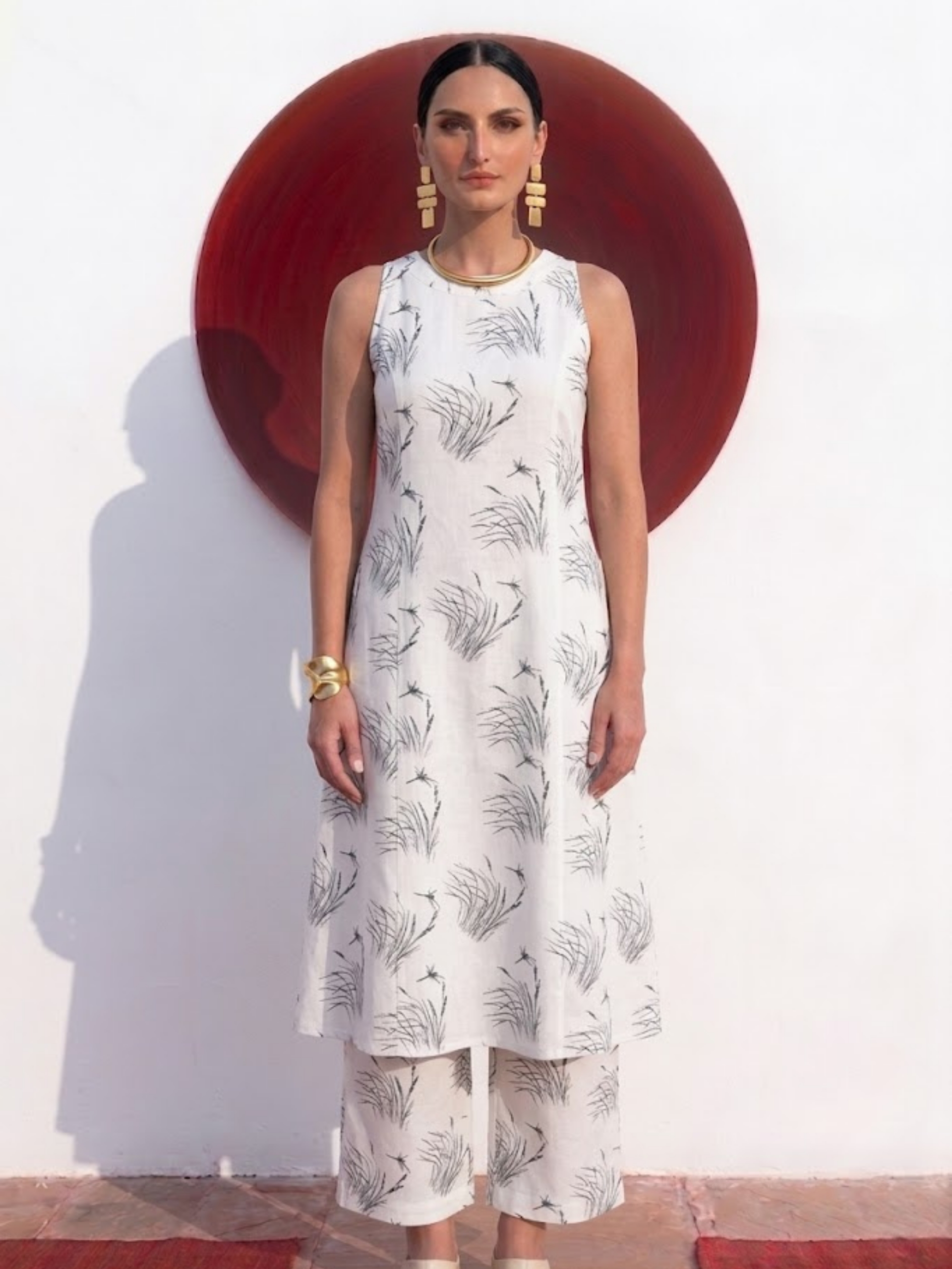 2 pc SET - Husk Cream and Grey Printed Linen Sleeveless Kurta and Pant