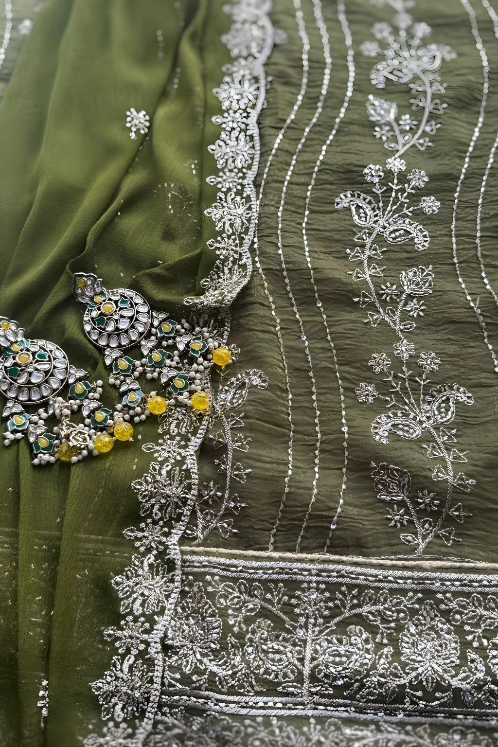 3 Pc Unstitched Suit - Chiffon Green hand Embroidered Beaded Kurta with Lining ,Dupatta and Bottom