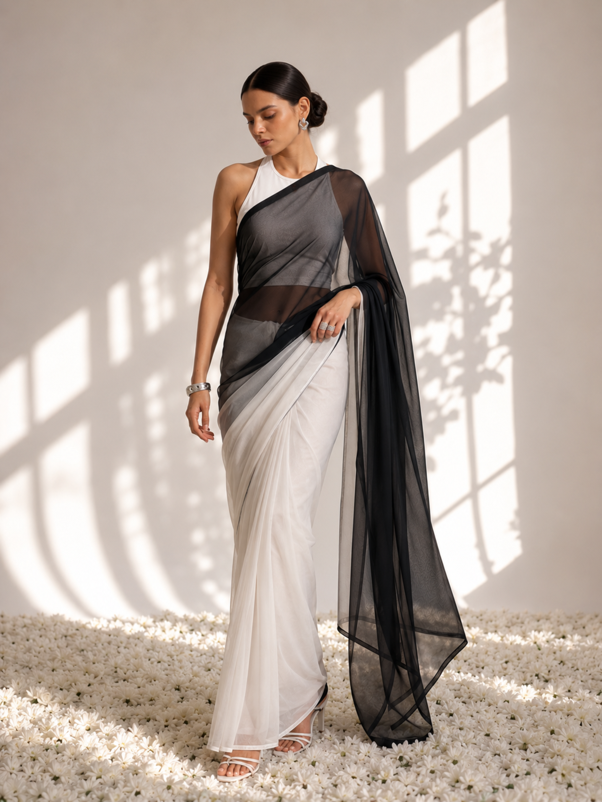 Black and White Georgette Triangle Saree with Blouse Fabric