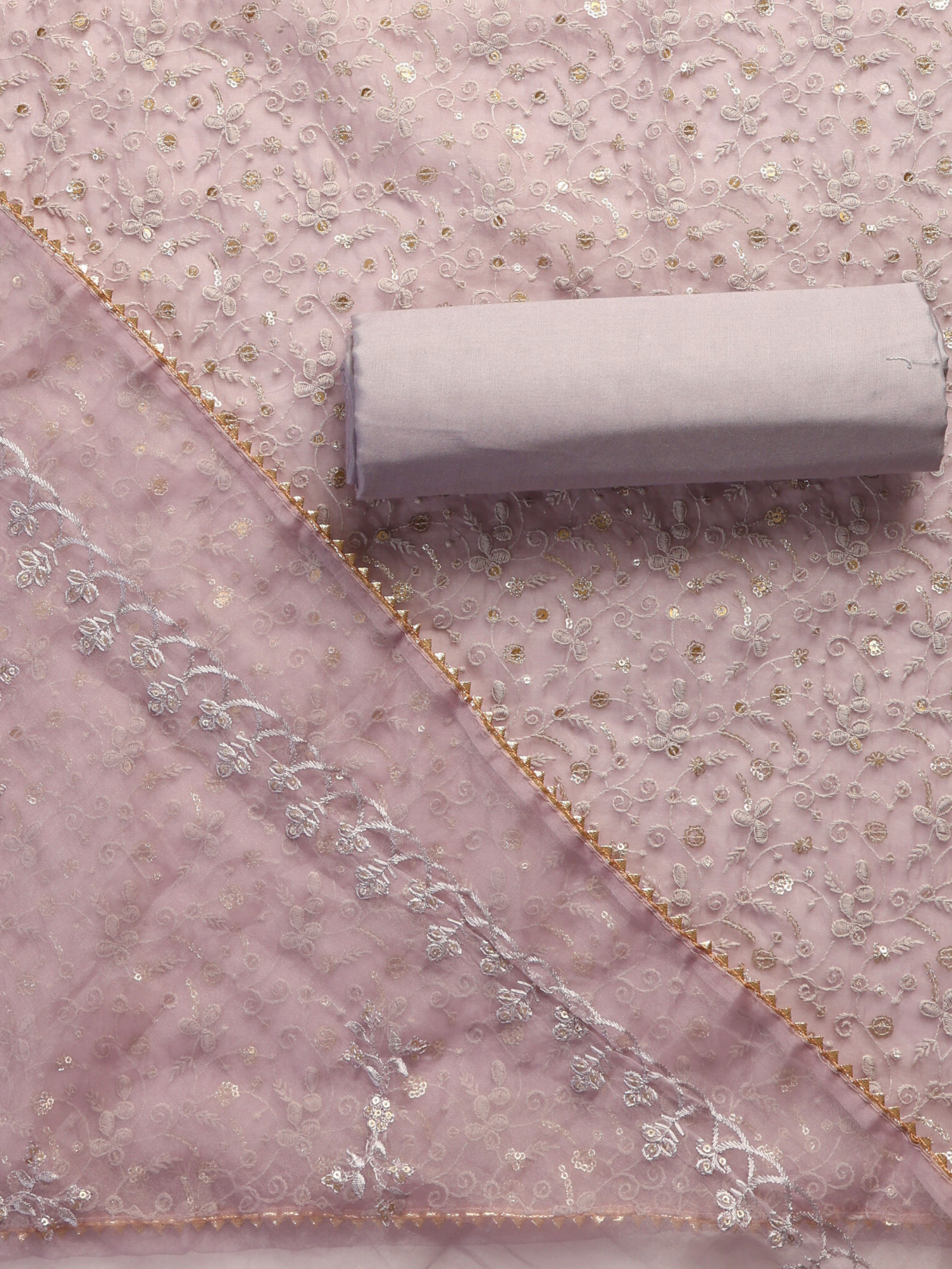 3 Pc SET -Lilac Beaded and Embroidered Organza Kurta With Dupatta and Cotton Pyjama