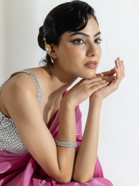 Onion Pink Silky Organza Saree with Beads and Self Blouse Fabric