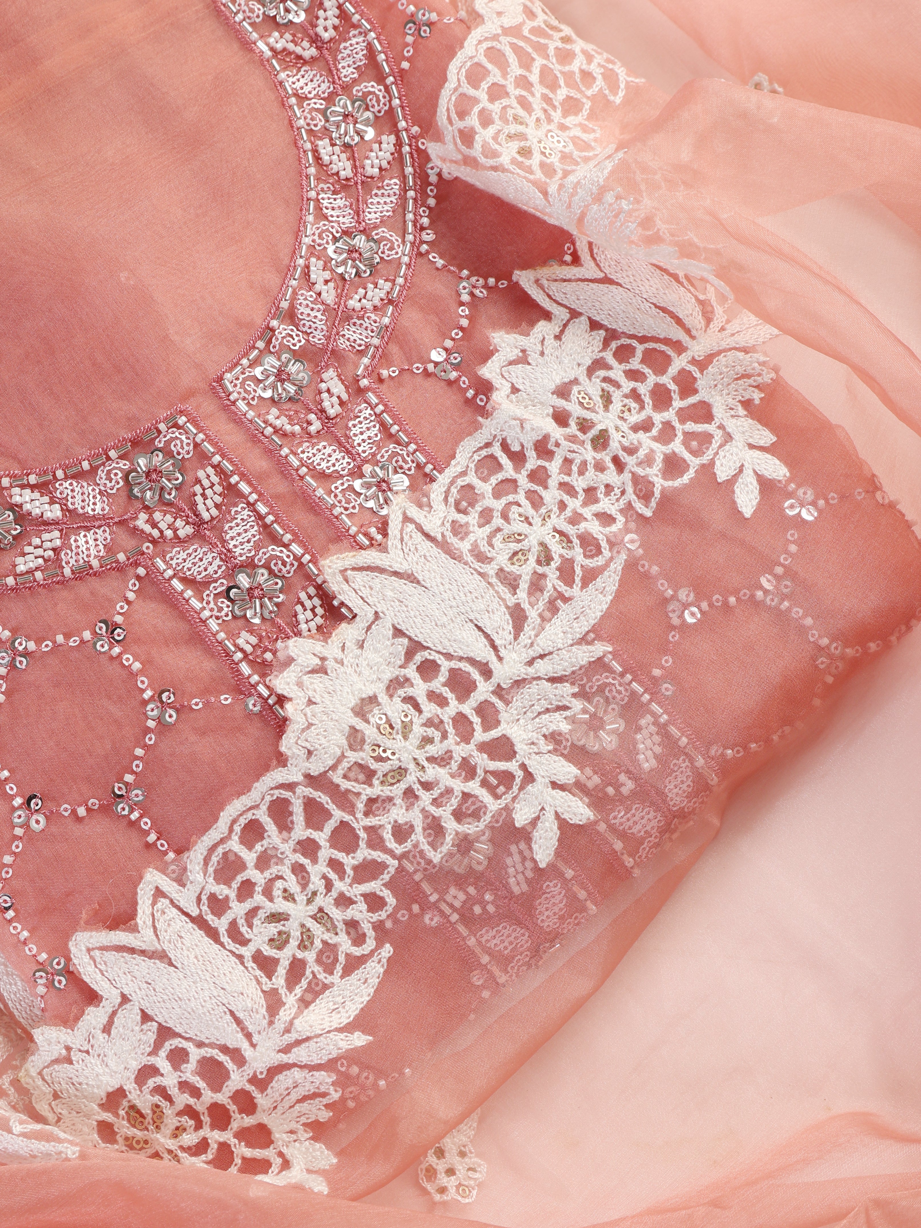 3 Pc Unstitched Suit SET - Pink Beaded and Embroidered Organza Kurta and Border Dupatta with Cotton Pyjama