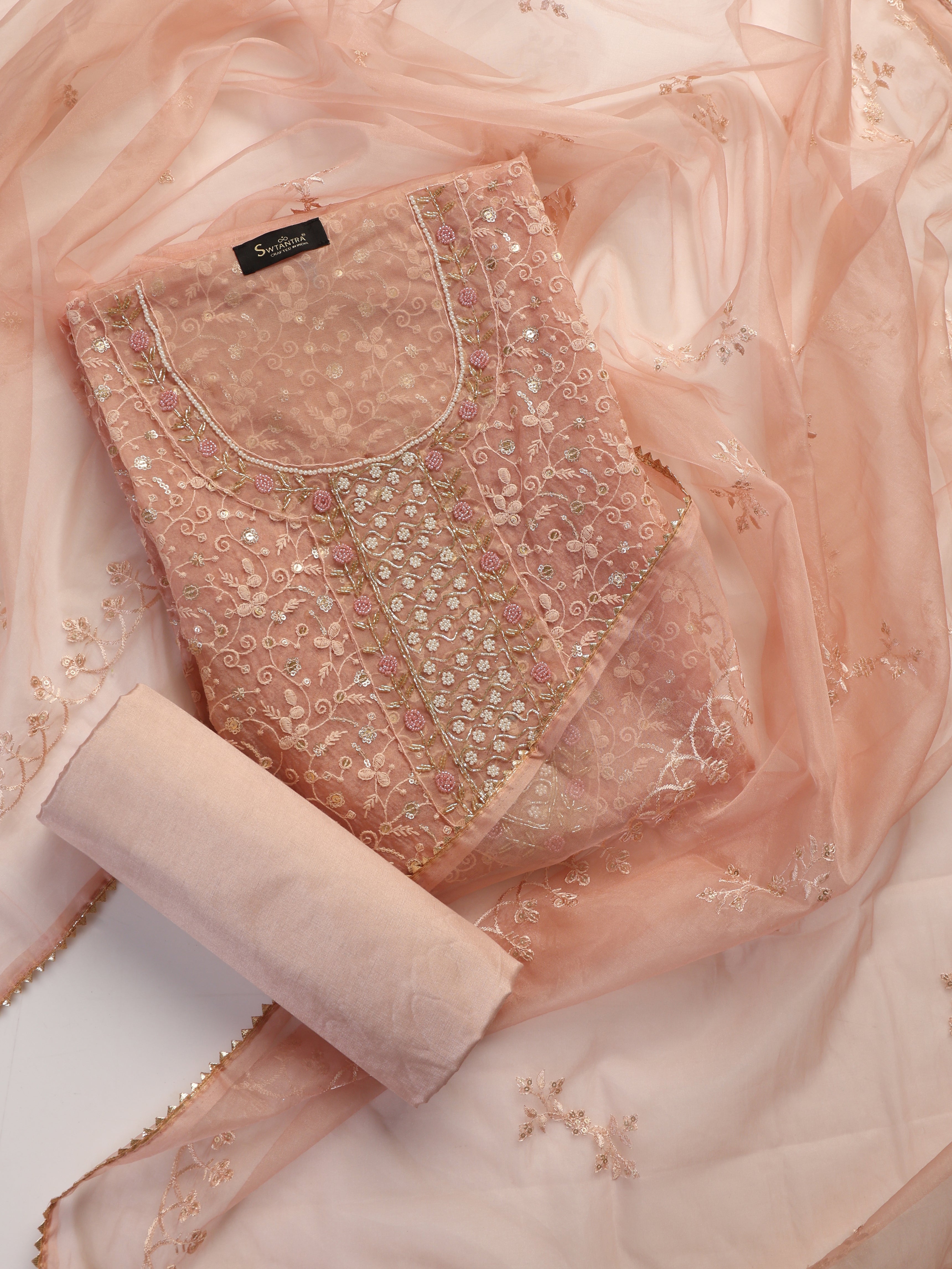 3 Pc SET -Dusty Pink Beaded and Embroidered Organza Kurta With Dupatta and Cotton Pyjama