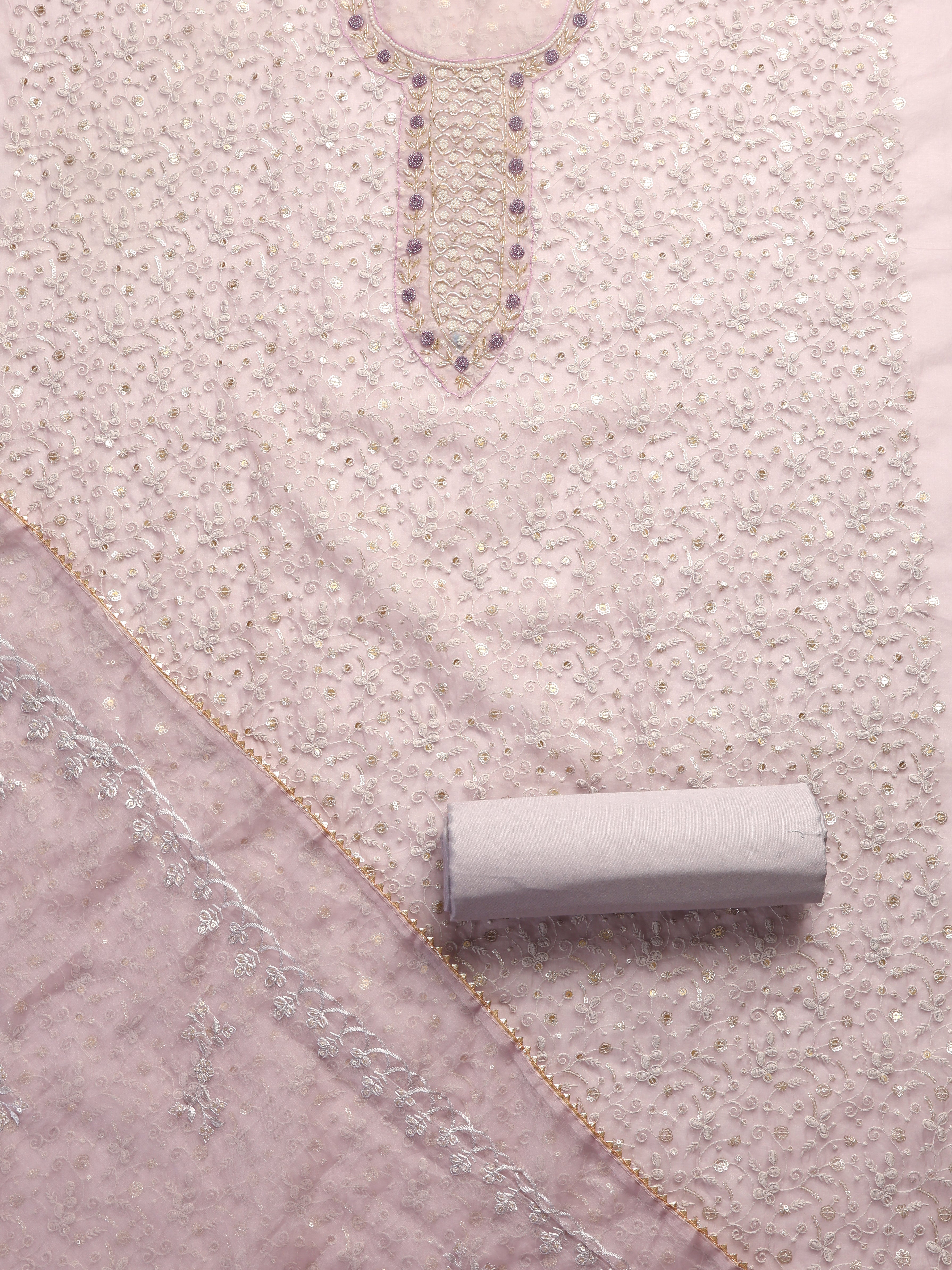 3 Pc SET -Lilac Beaded and Embroidered Organza Kurta With Dupatta and Cotton Pyjama