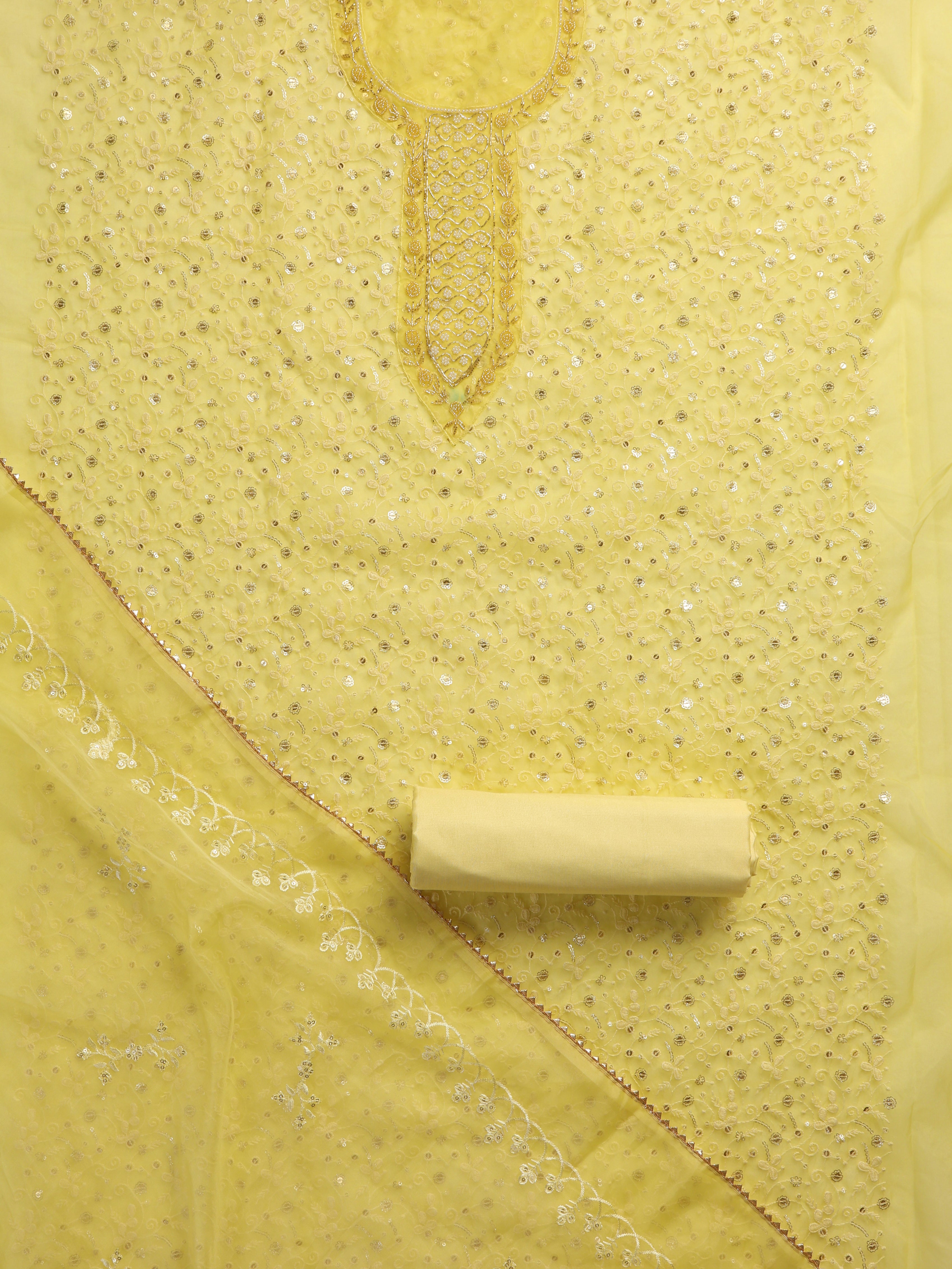 3 Pc SET - Lemon Beaded and Embroidered Organza Kurta With Dupatta and Cotton Pyjama