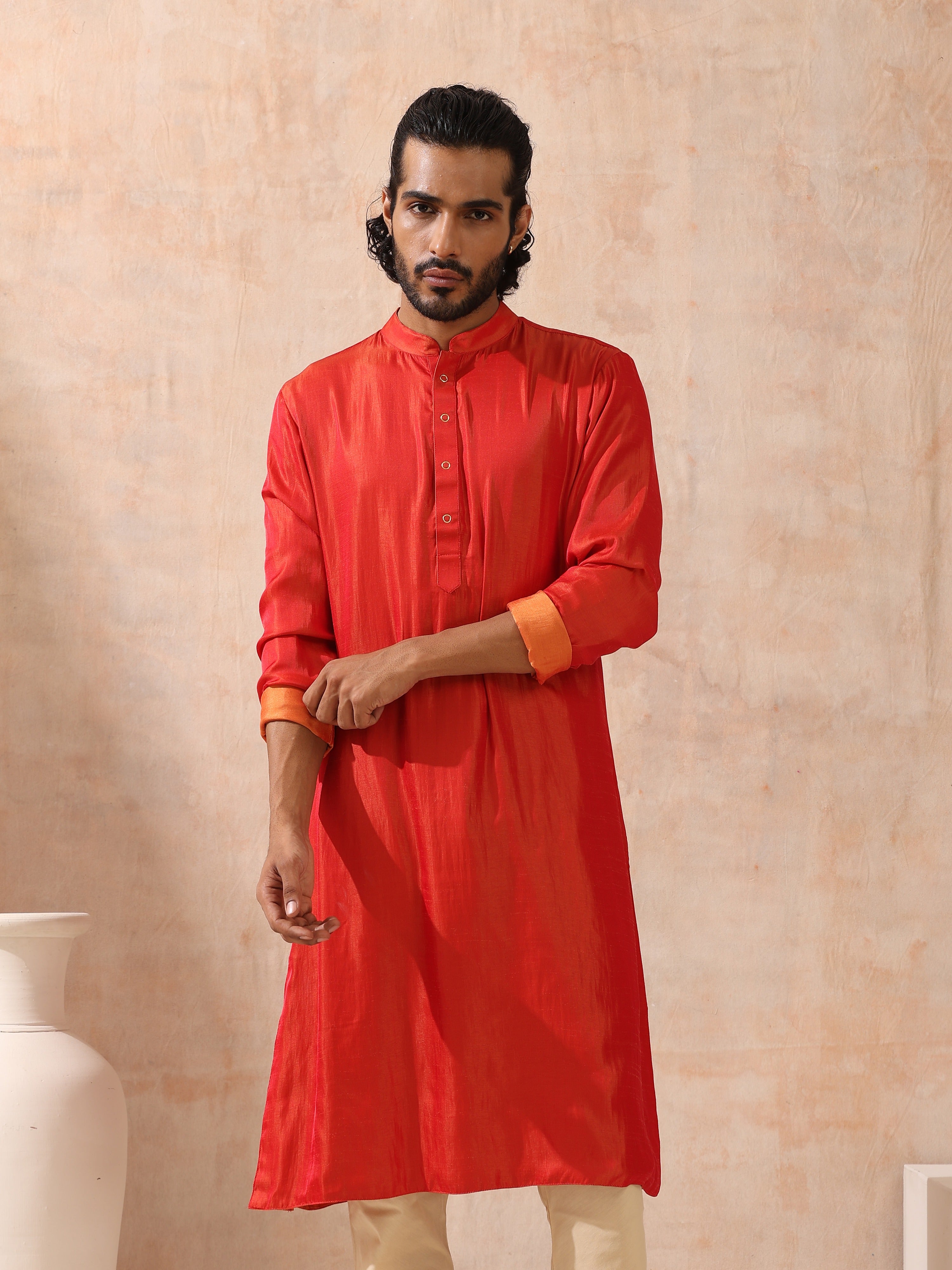 Reversible Orange and Red Satin Kurta