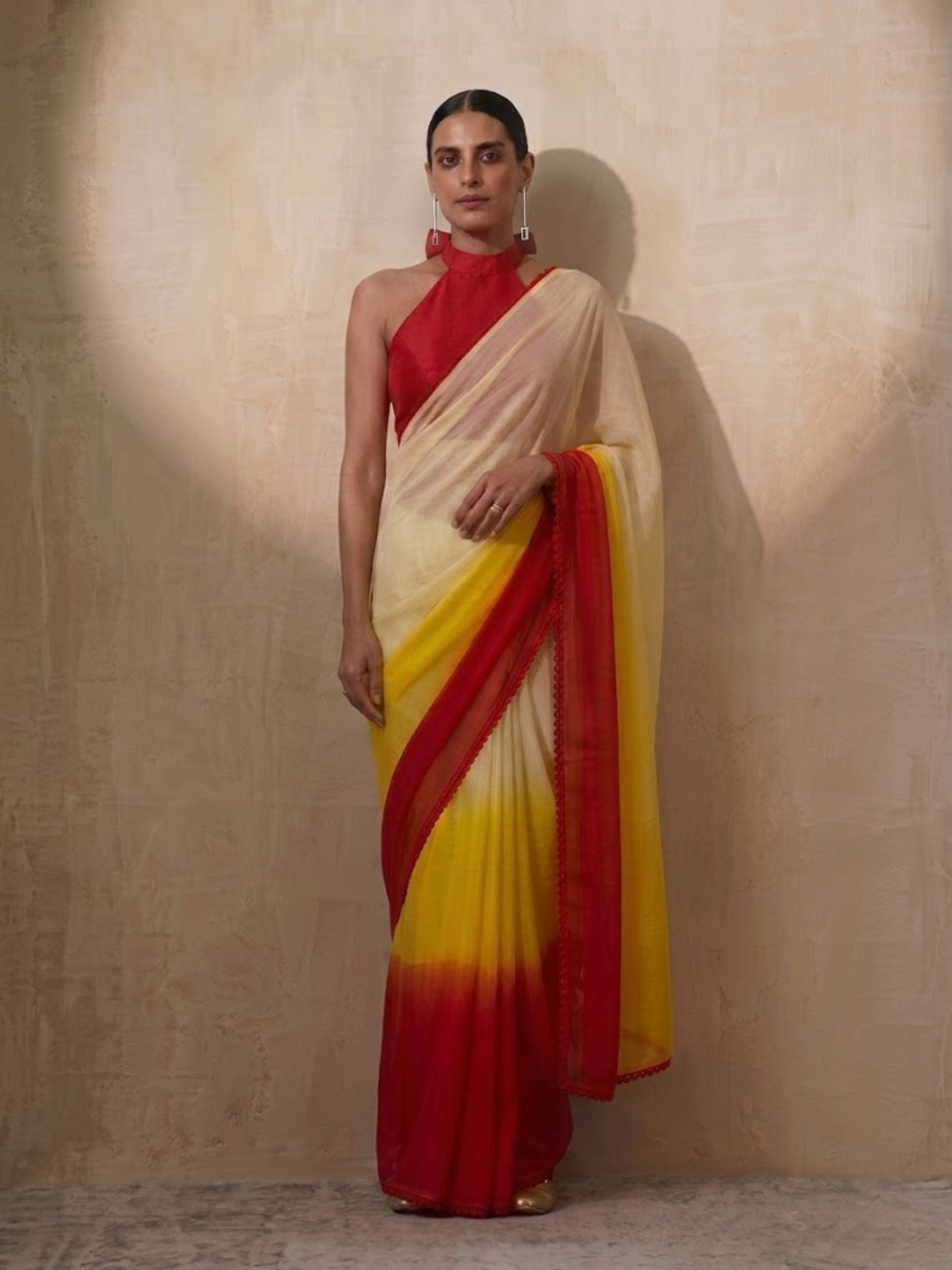 Yellow Red Cream Ombre Chiffon Saree with Self Fabric Blouse