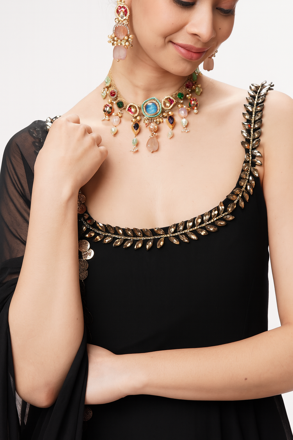 3 pc Suit Set - Black Georgette Glass Beads Front and Back Neck Sleeveless Anarkali Suit with Pants and Dupatta