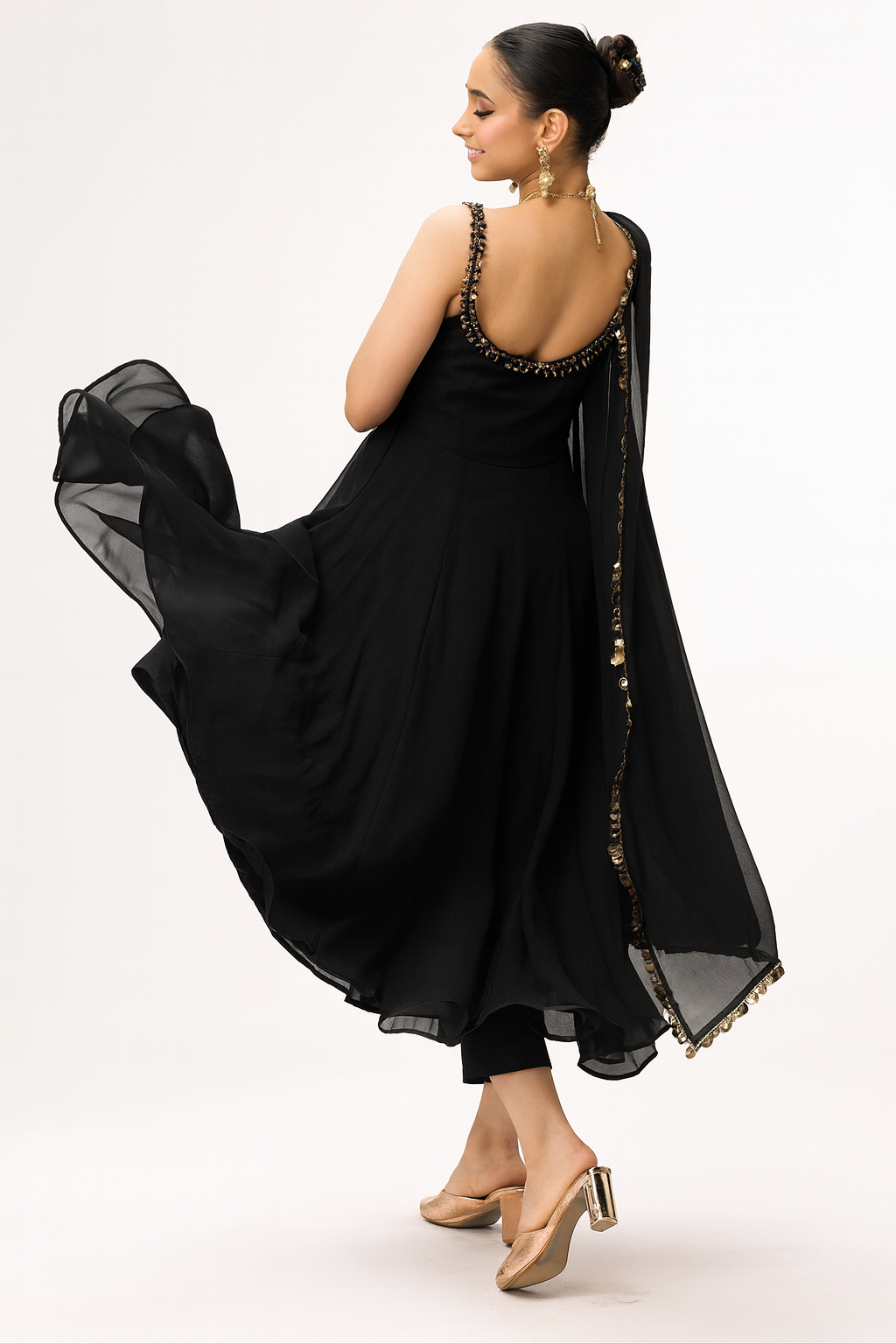 3 pc Suit Set - Black Georgette Glass Beads Front and Back Neck Sleeveless Anarkali Suit with Pants and Dupatta