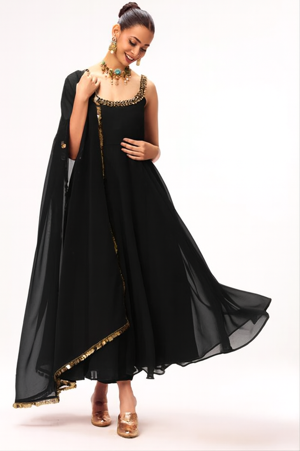 3 pc Suit Set - Black Georgette Glass Beads Front and Back Neck Sleeveless Anarkali Suit with Pants and Dupatta