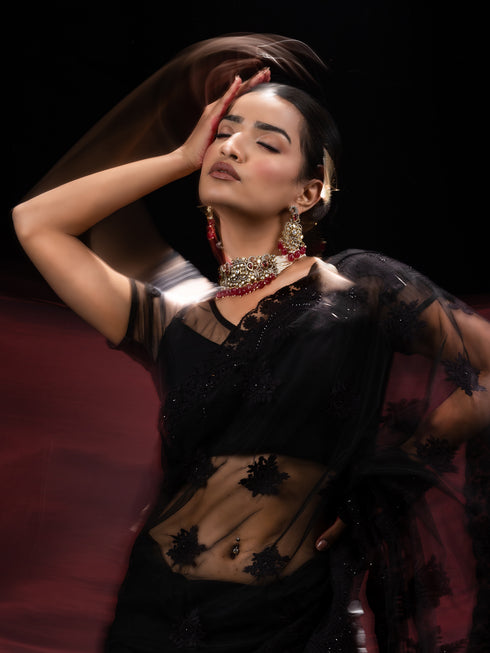 Black Net Saree with Embroidery & Scalloping