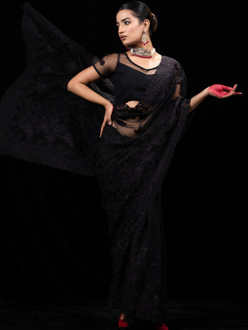 Black Net Saree with Embroidery & Scalloping