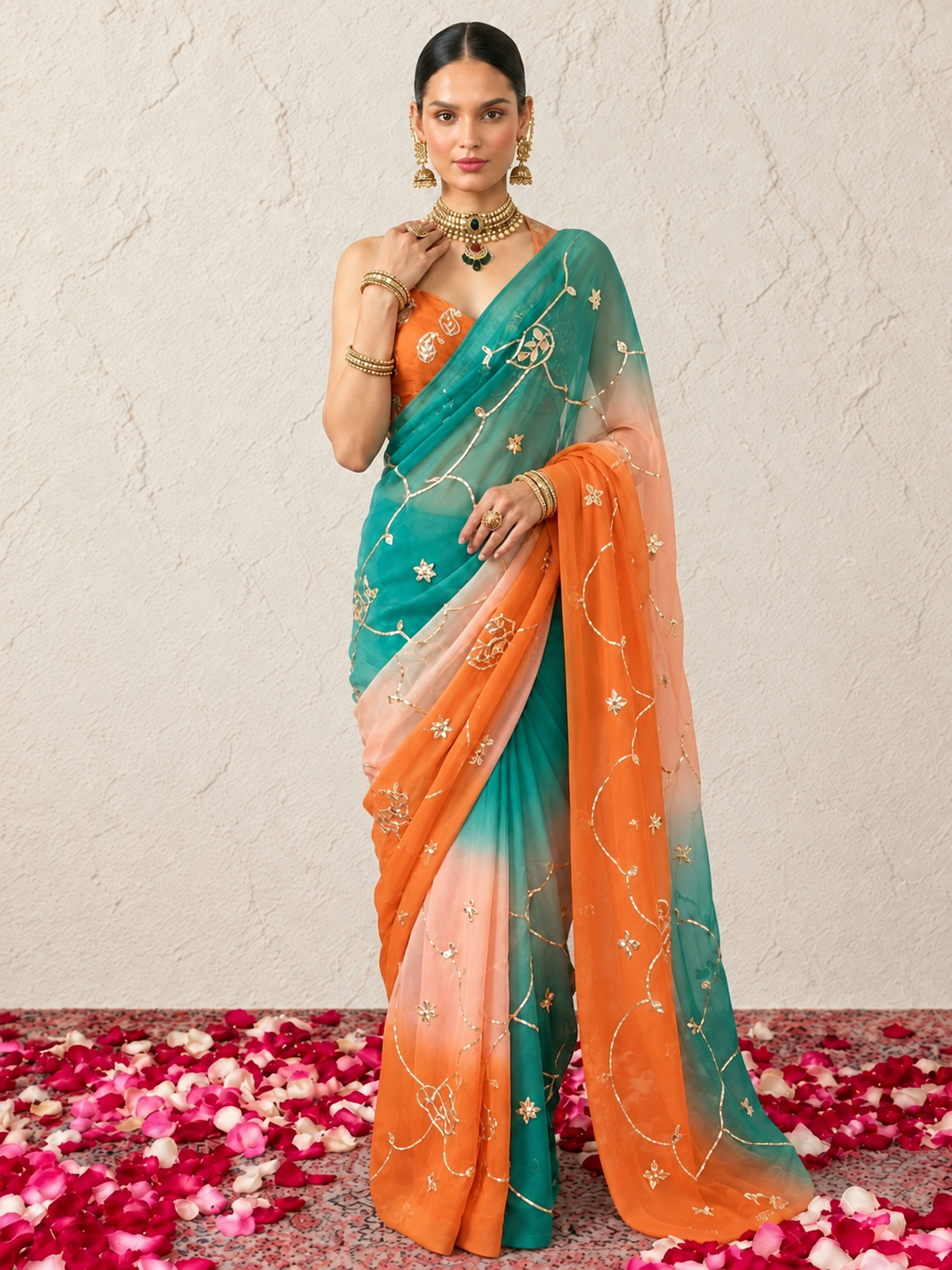 Rust and Blue Ombre Pure Silk Chiffon Gota Patti Jaal Saree with Crepe Blouse Fabric