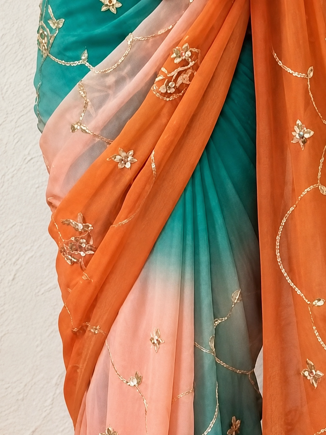 Rust and Blue Ombre Pure Silk Chiffon Gota Patti Jaal Saree with Crepe Blouse Fabric