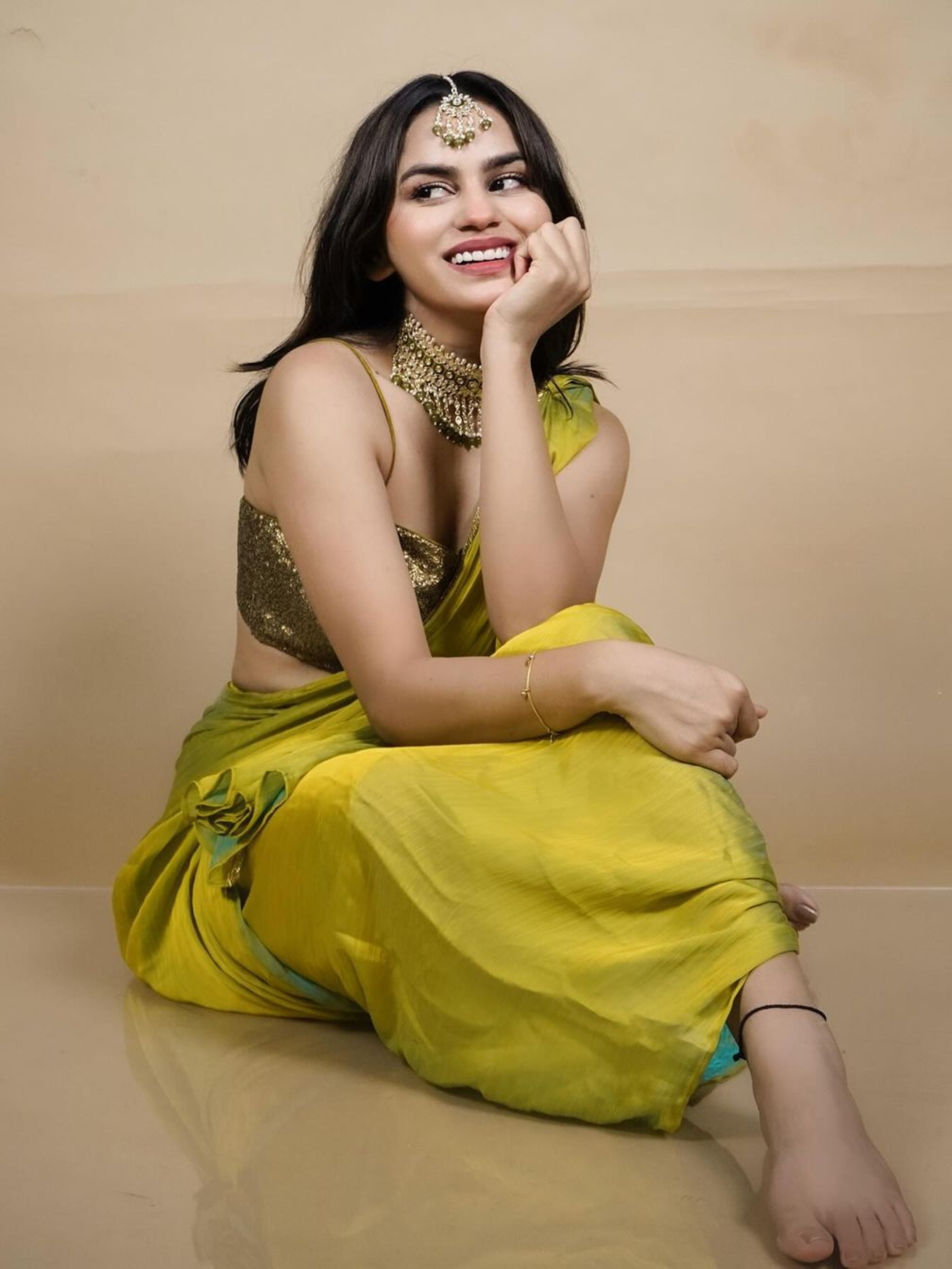 2 pc SET - Yellow Blue dual shade Chiffon Sharara Saree with Top and Gold Sequins Pallu with Blouse