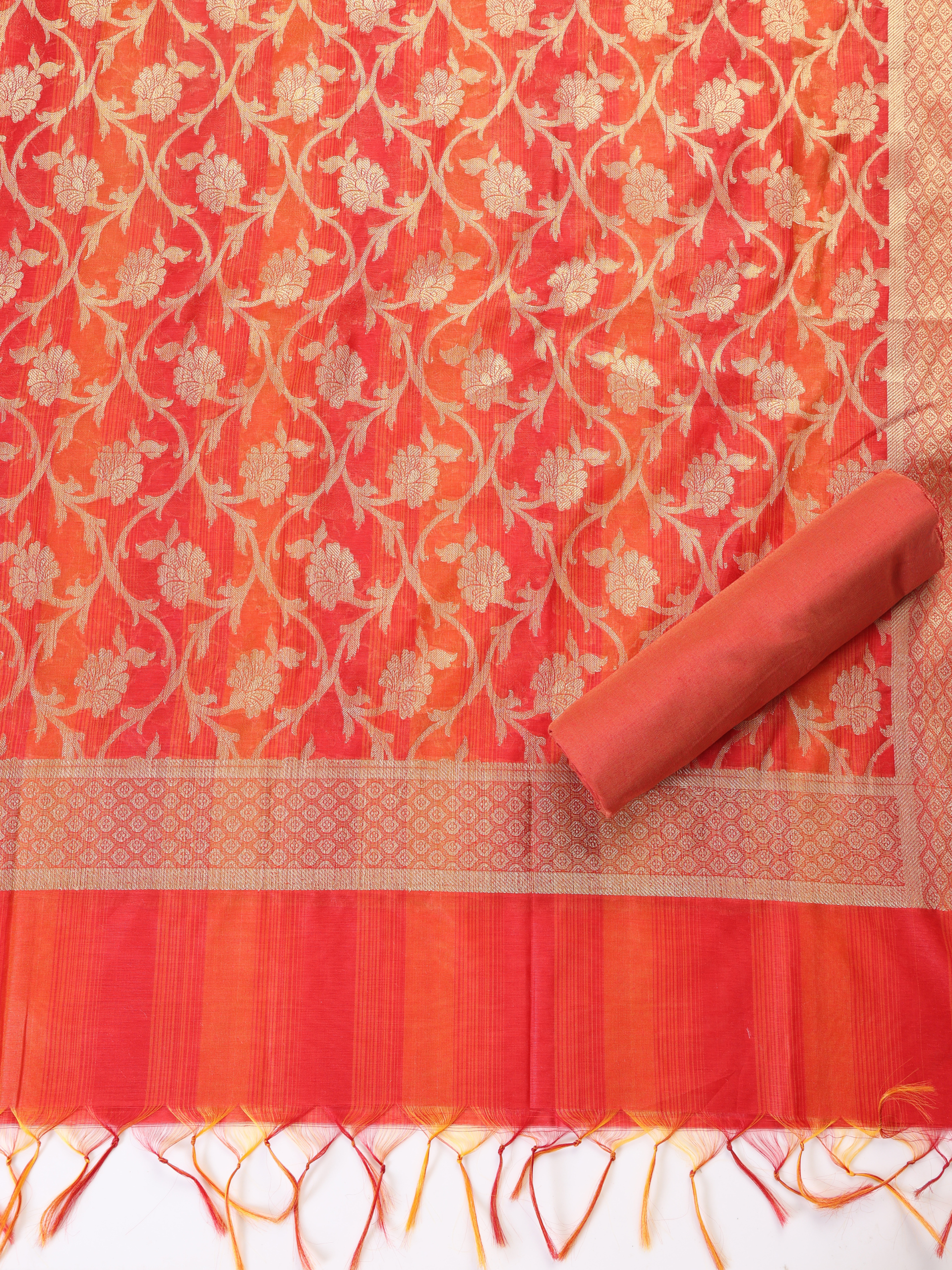 3 Pc SET - Banarasi Red Orange Silk Cotton Jacquard Kurta and Dupatta with Cotton Pyjama