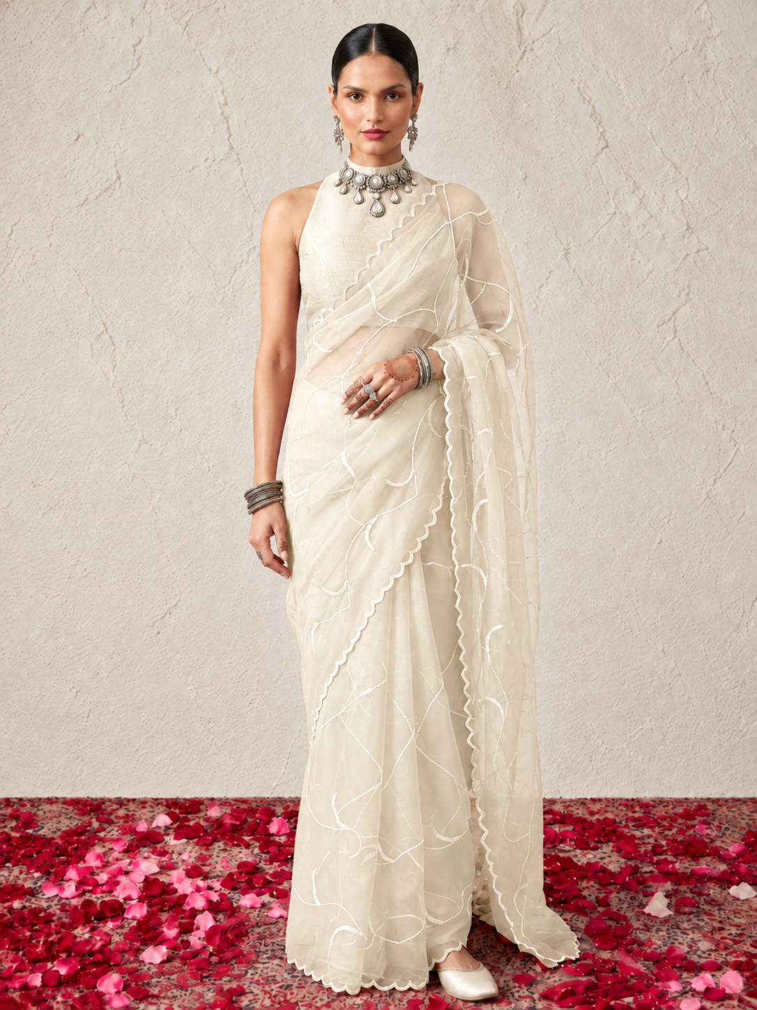 Cream Net Scalloped Hand Cut Dana Jaal Saree with Matching Beaded Blouse Fabric