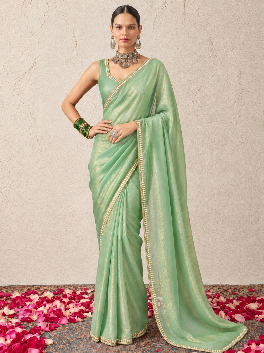 Mint Mirror Metallic Satin Hand Beaded Cut Dana Saree with Border and Beaded Matching Blouse Fabric