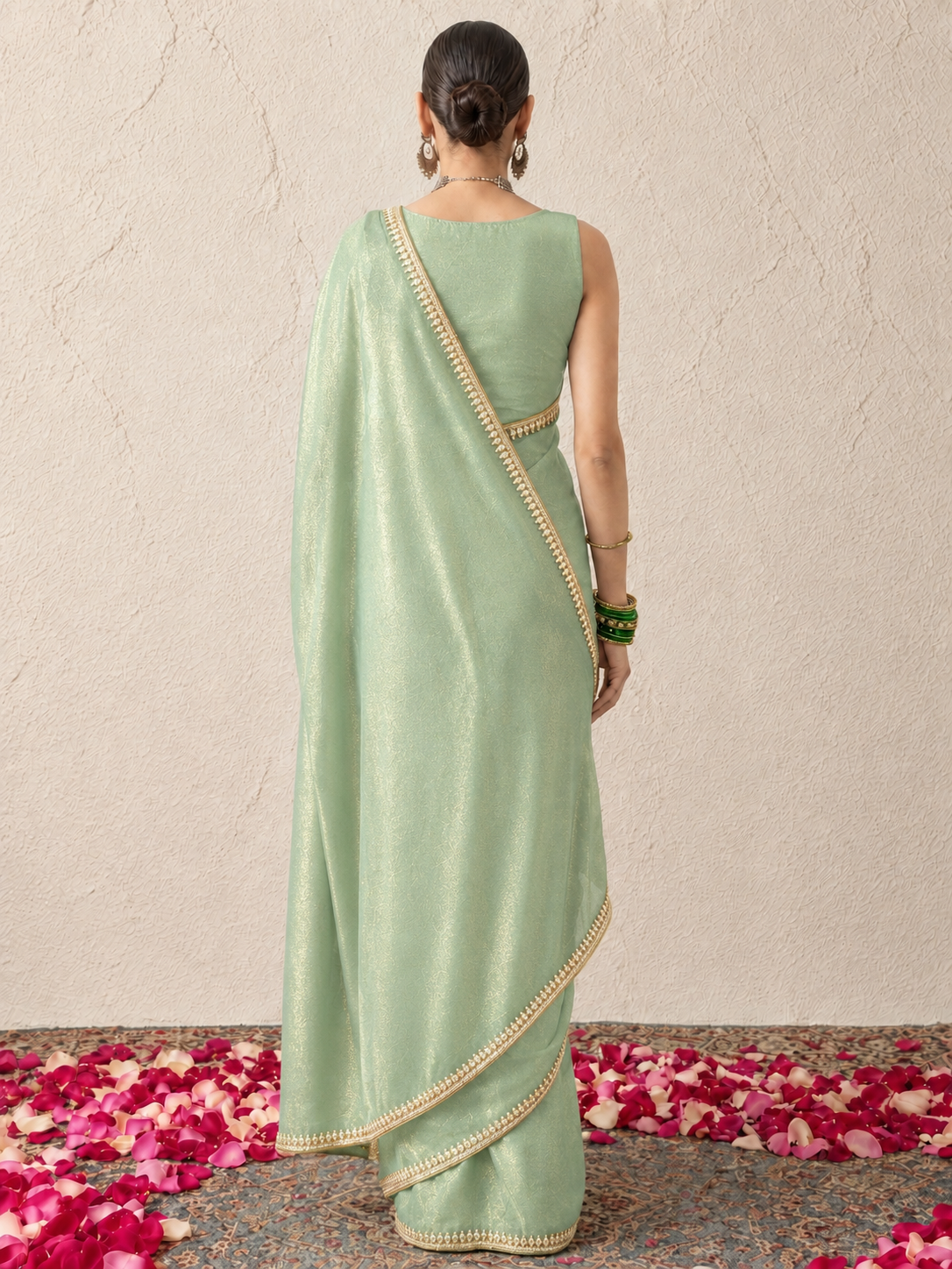 Mint Mirror Metallic Satin Hand Beaded Cut Dana Saree with Border and Beaded Matching Blouse Fabric