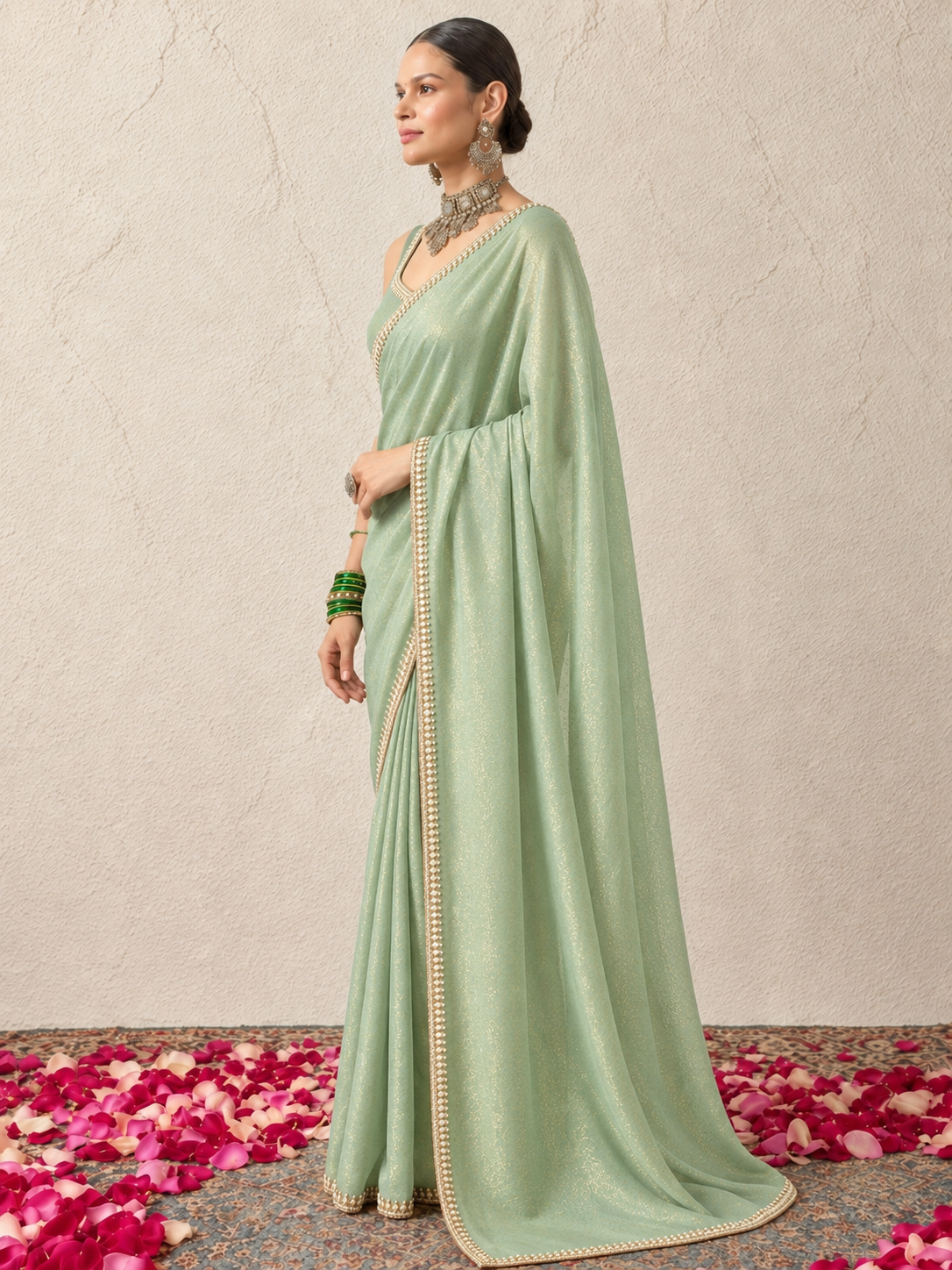 Mint Mirror Metallic Satin Hand Beaded Cut Dana Saree with Border and Beaded Matching Blouse Fabric
