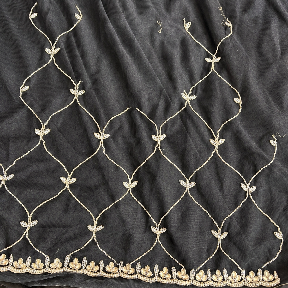 Black Net Scalloped Hand Beaded Cut Dana Saree with Matching Net Blouse Fabric