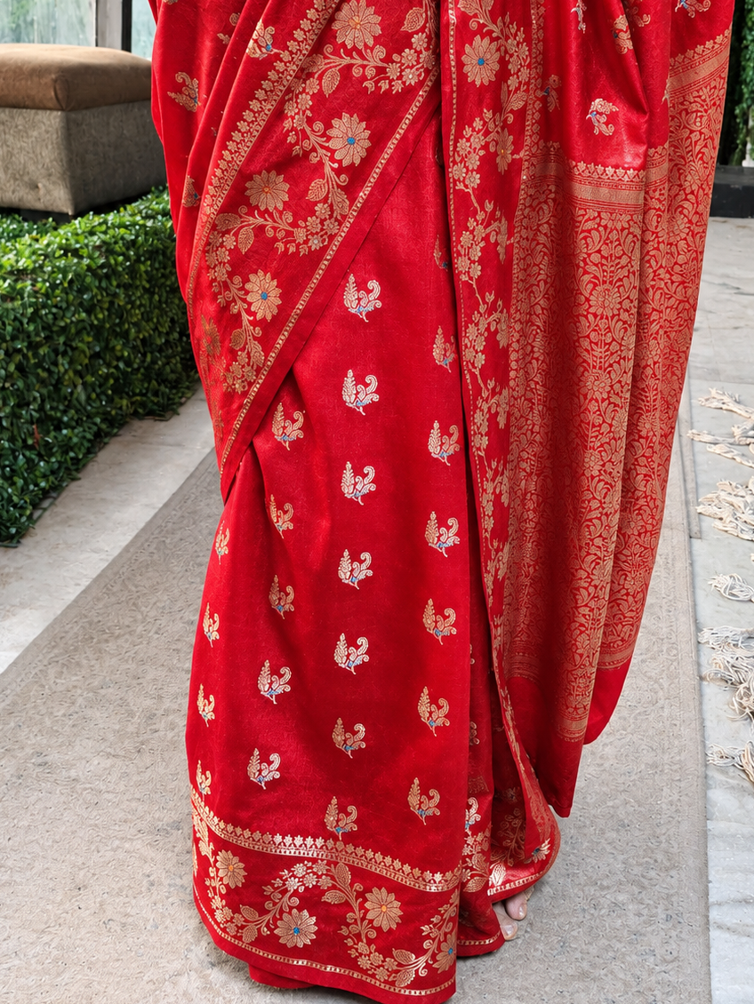 Red Pure Silk Saree with Meenakari and Blouse Fabric