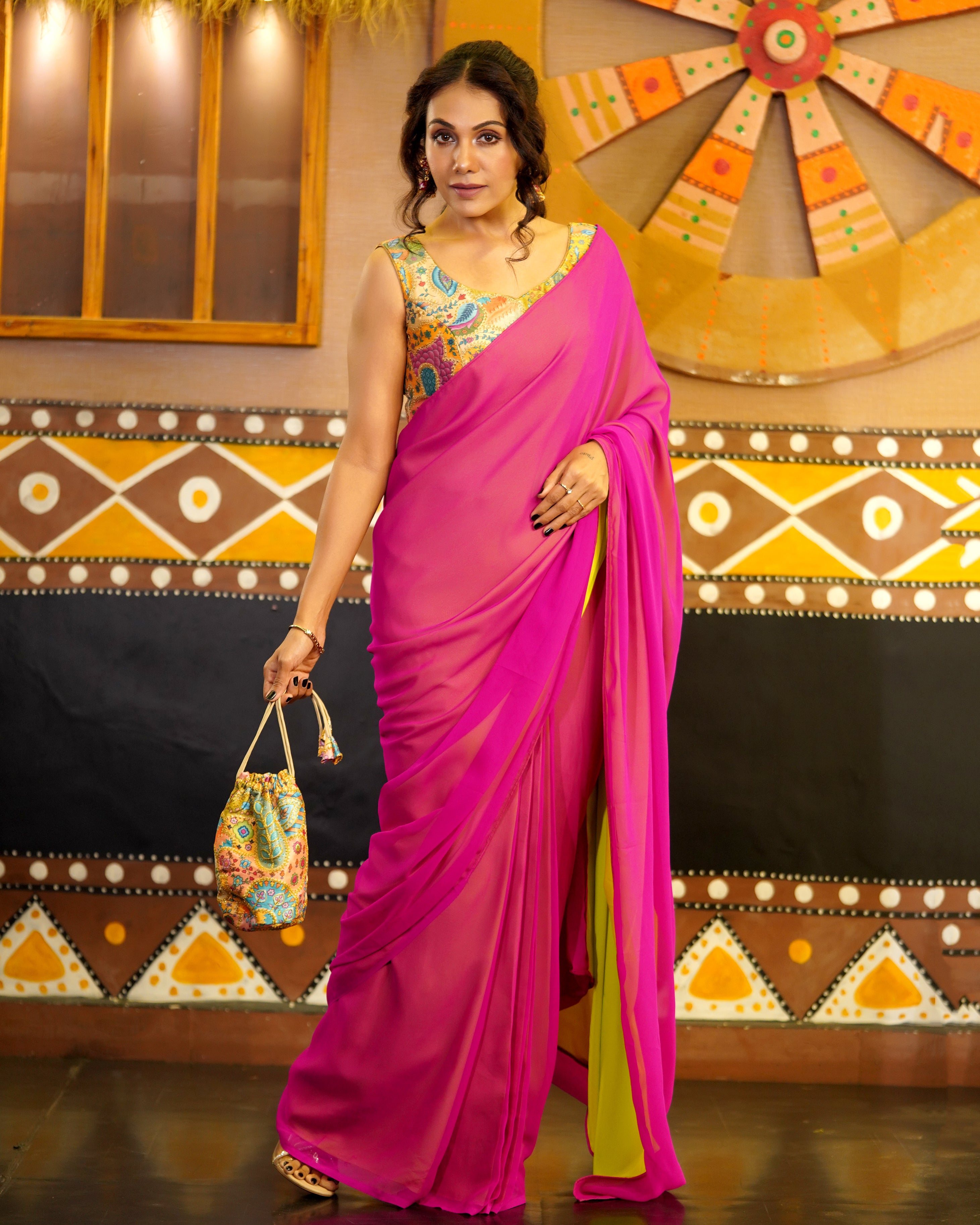 Pre-Draped 1-Minute Fuchsia Georgette with Neon Yellow Crepe Saree with Pearl Pendants and Blouse Fabric