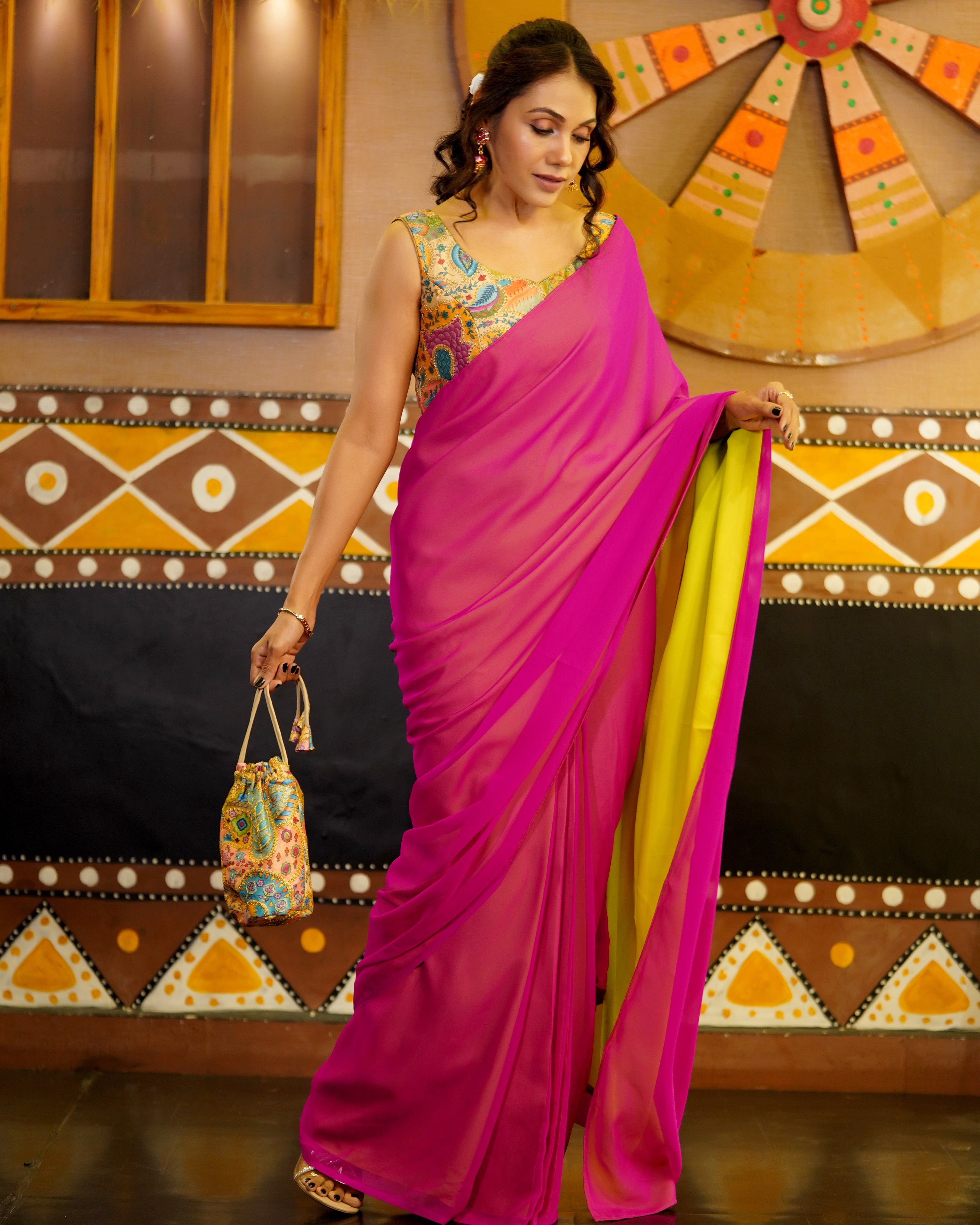 Pre-Draped 1-Minute Fuchsia Georgette with Neon Yellow Crepe Saree with Pearl Pendants and Blouse Fabric