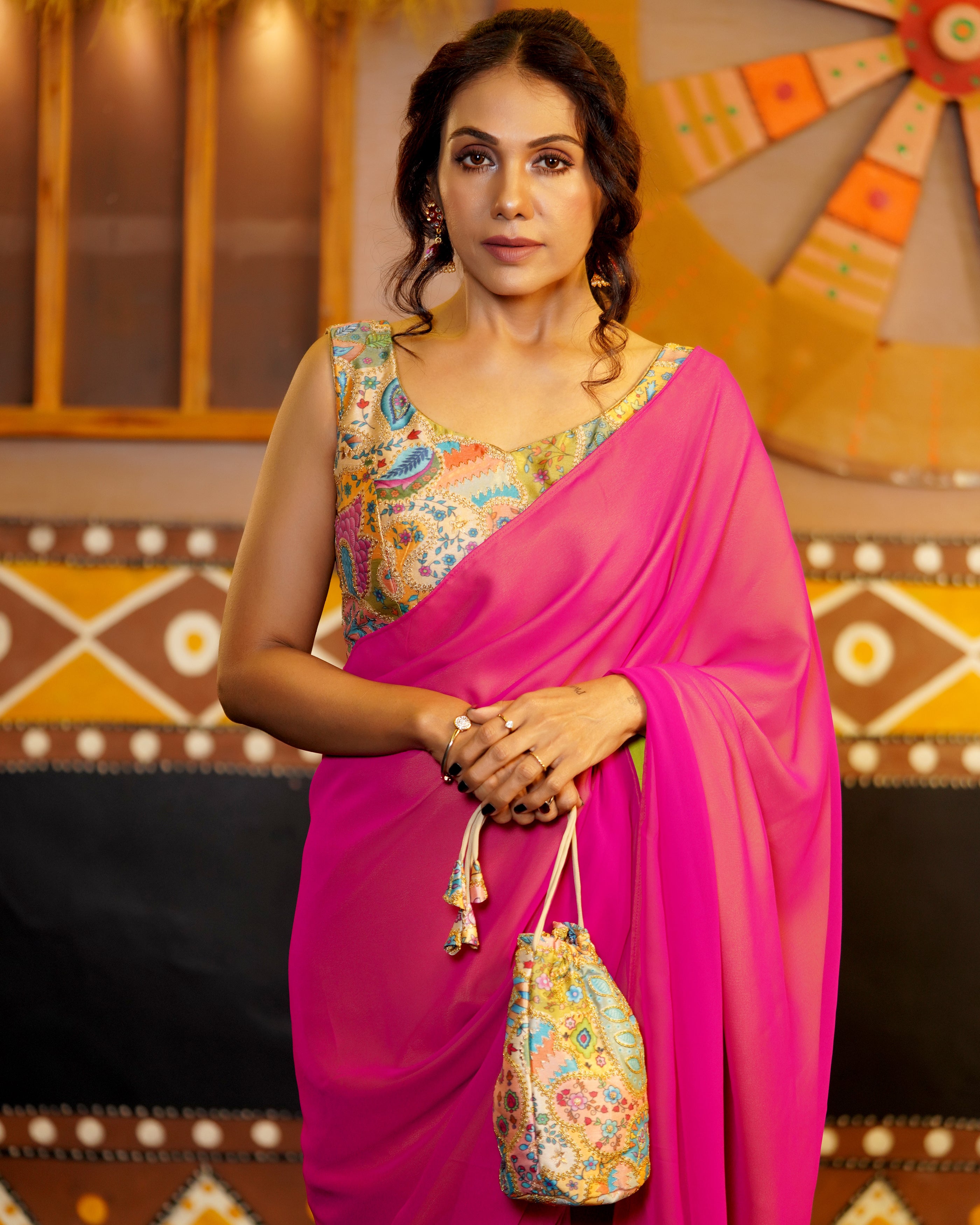 Pre-Draped 1-Minute Fuchsia Georgette with Neon Yellow Crepe Saree with Pearl Pendants and Blouse Fabric