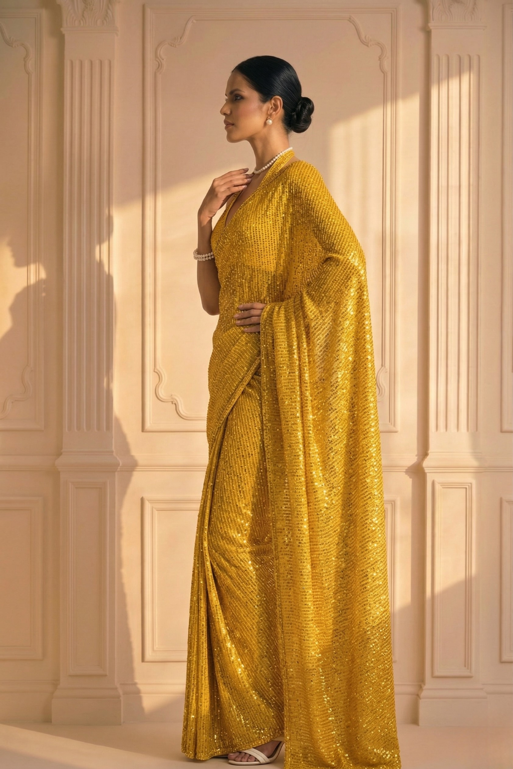 Yellow Knitted Sequin Saree with Blouse Fabric