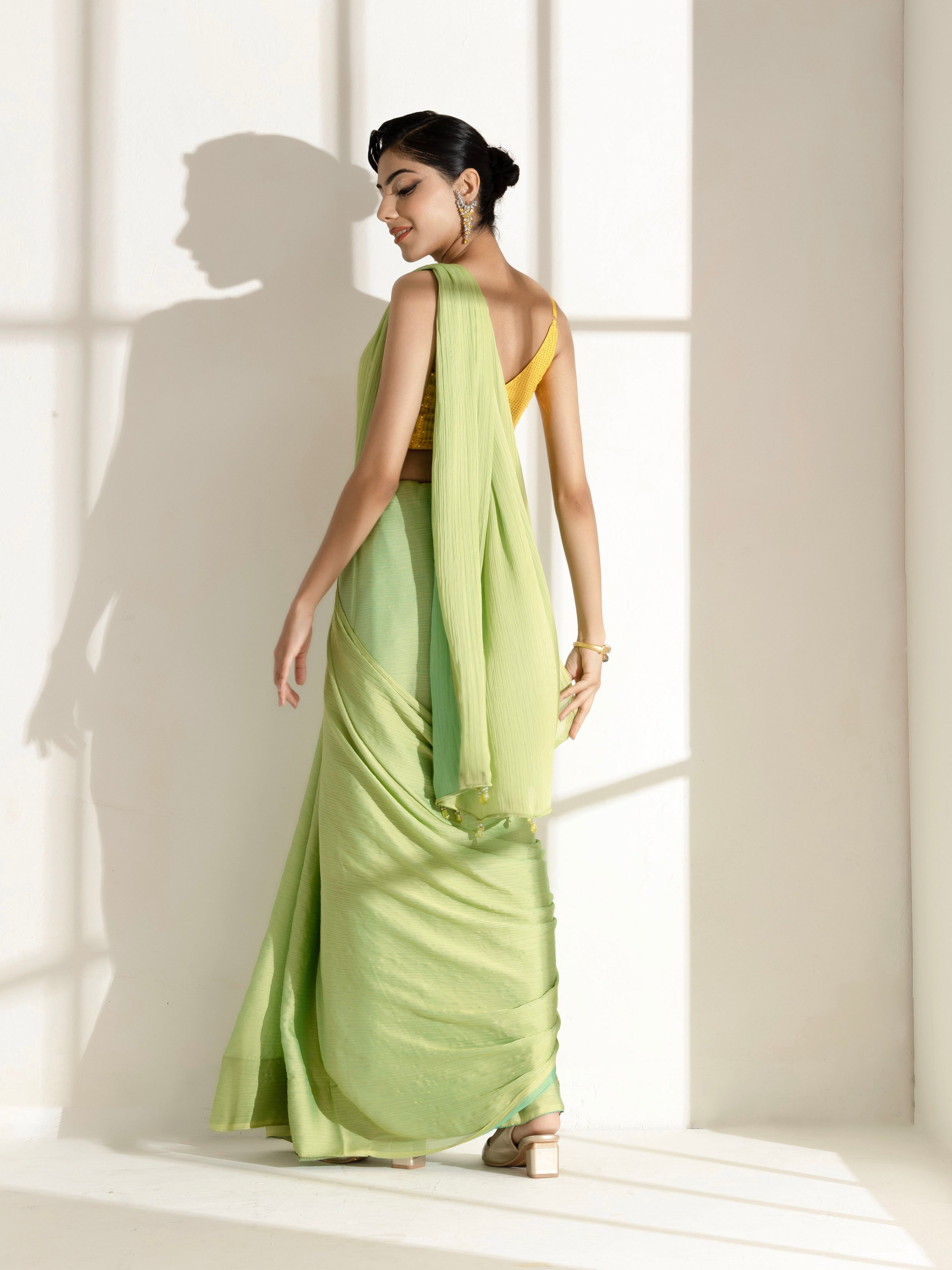 Lime and blue dual shade texture chiffon saree with beads — view 6