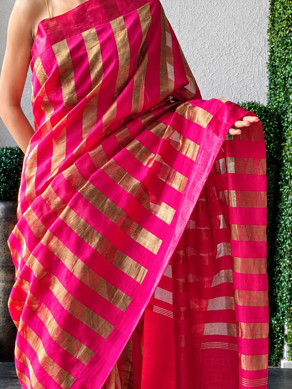 Dhoop Chaun Pure Silk Tissue Pink Gold Stripes Saree with Mashru Border and Blouse Fabric