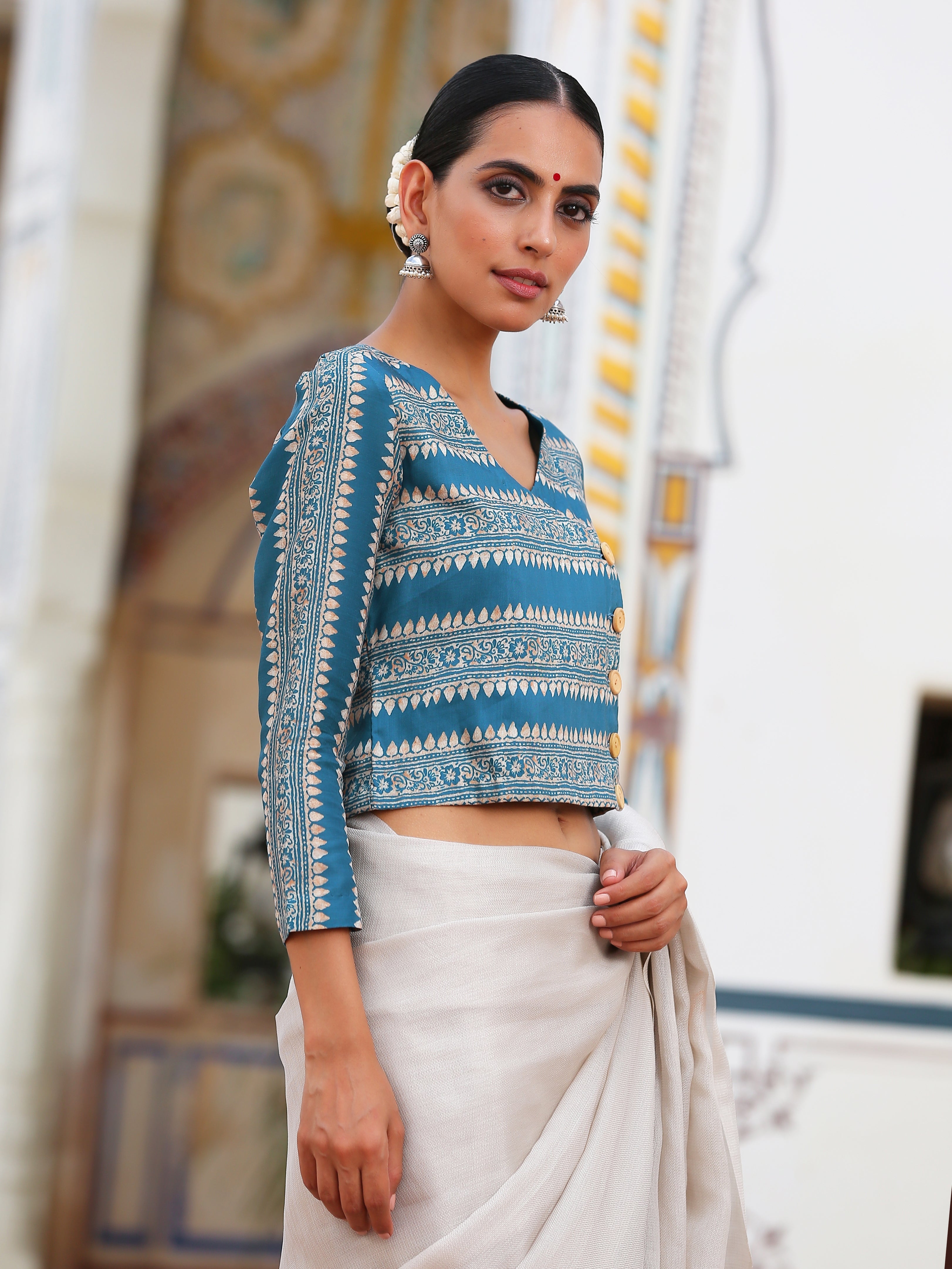 Blue & Yellow Angrakha Blouse
