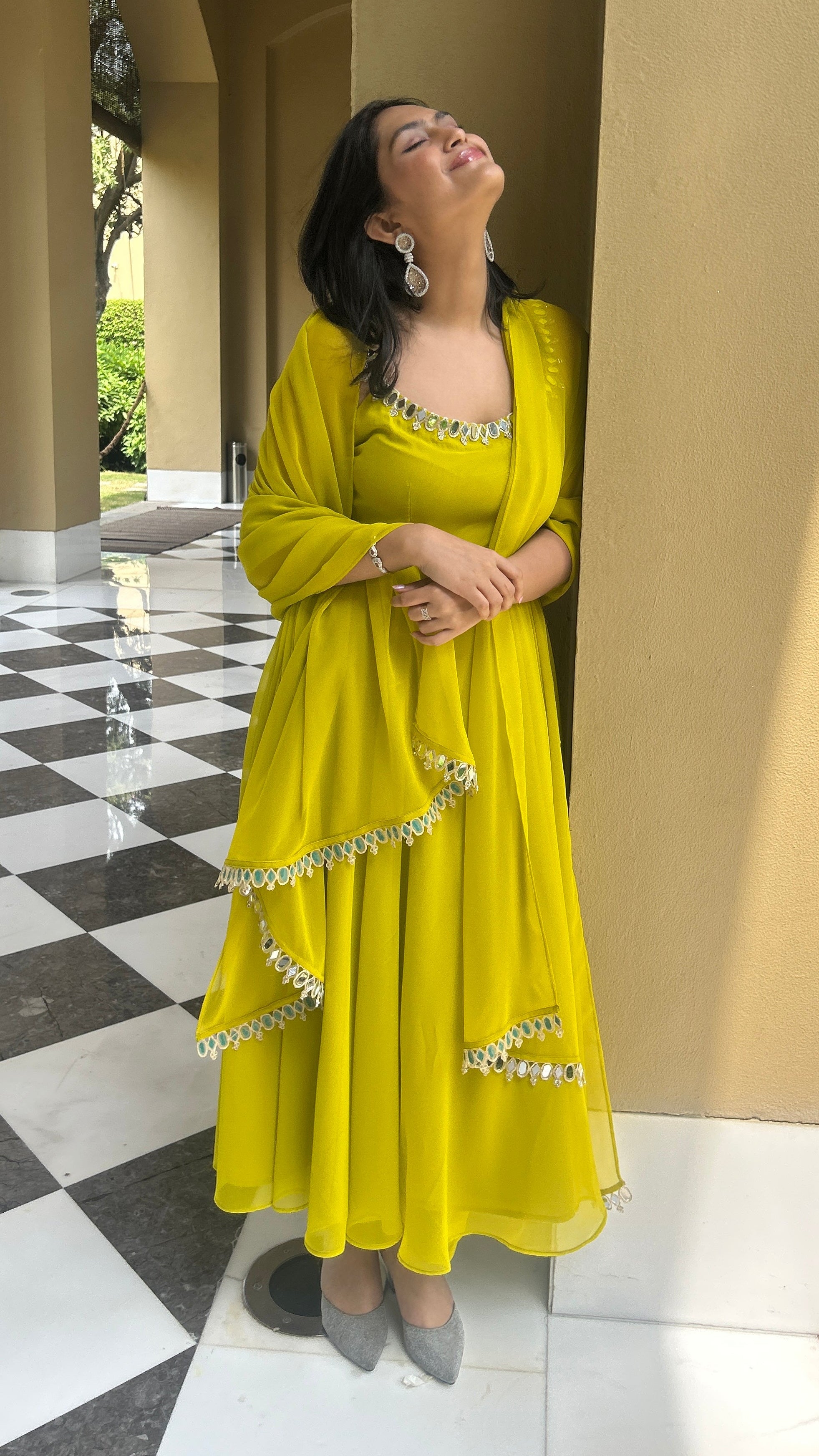 3 pc Suit Set -Lime Green Mirror Edge Georgette Sleeveless Anarkali with Dupatta and Pants