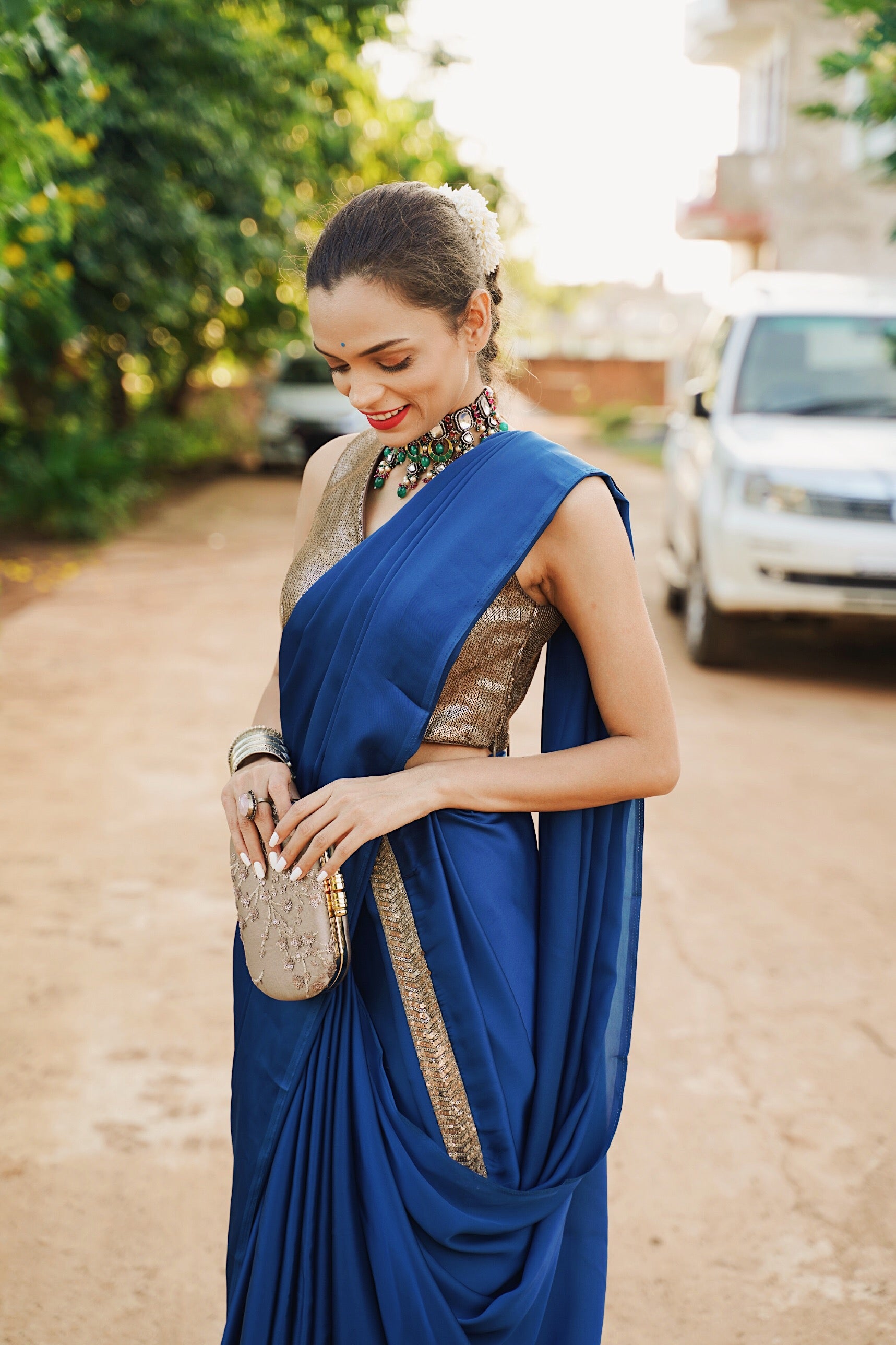 Prussian Blue Satin Saree