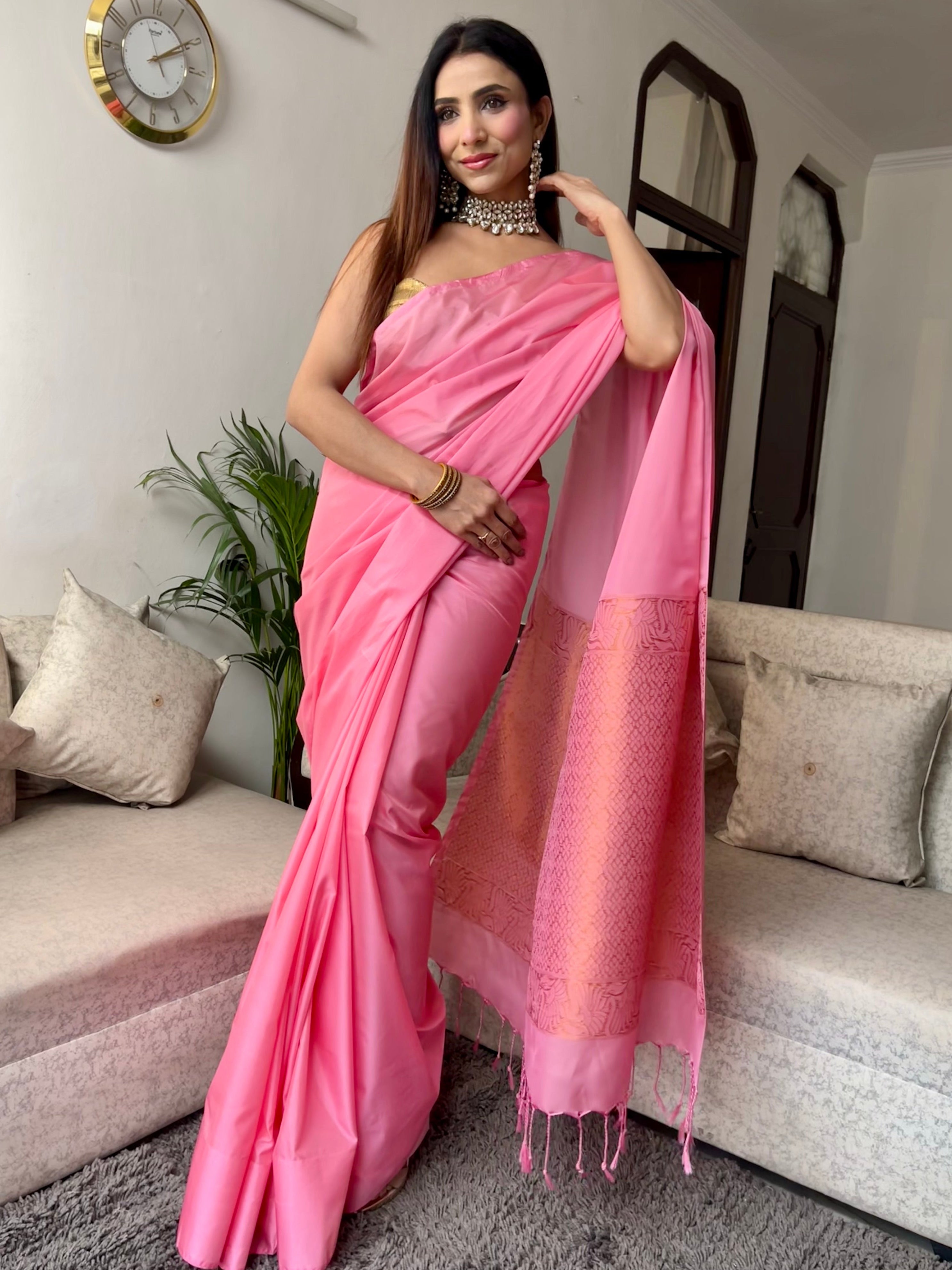 Pink Saree with Gold Woven Jacquard Pallu & Self Blouse Fabric