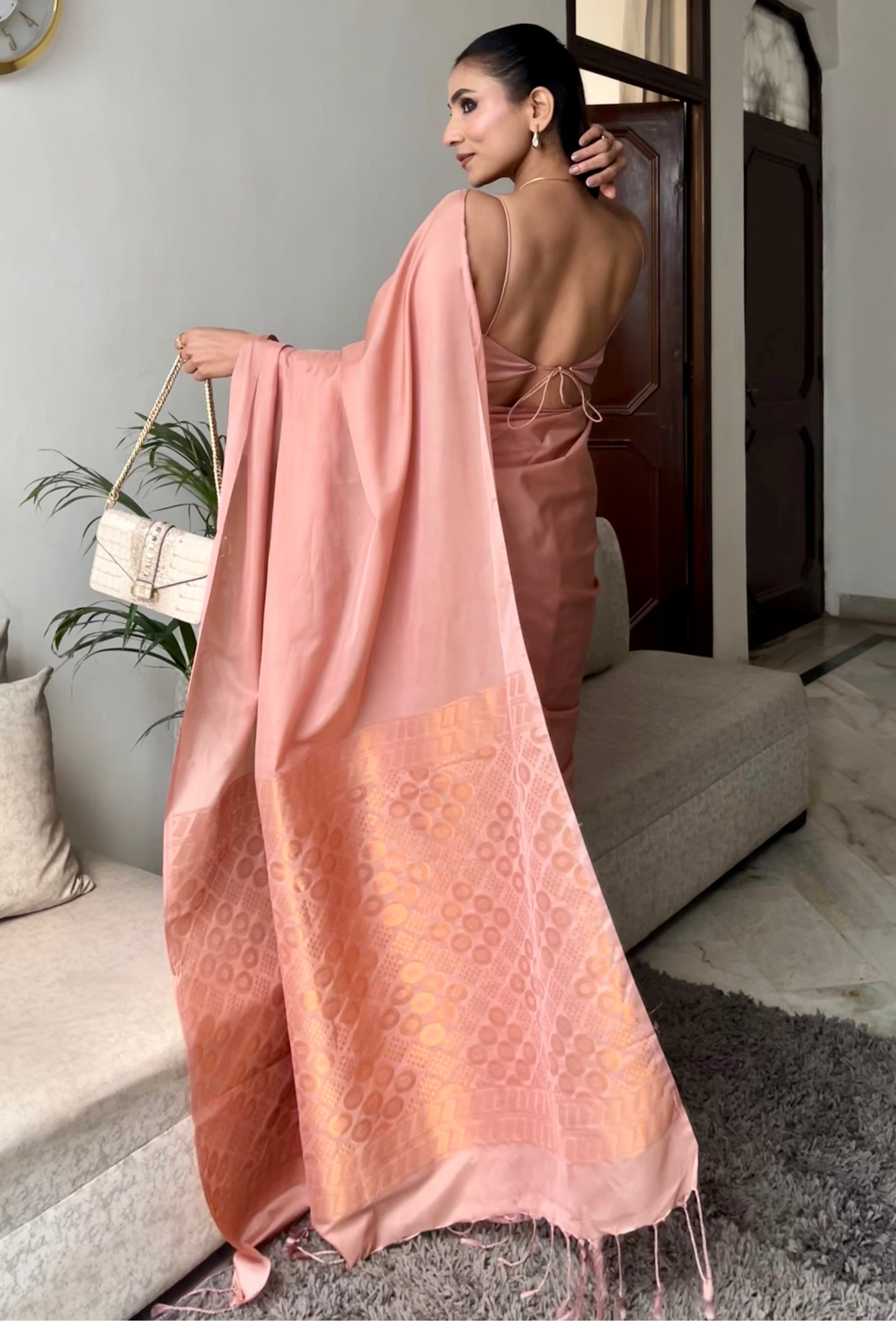 Biscuit Saree with Gold Woven Jacquard Pallu & Self Blouse Fabric