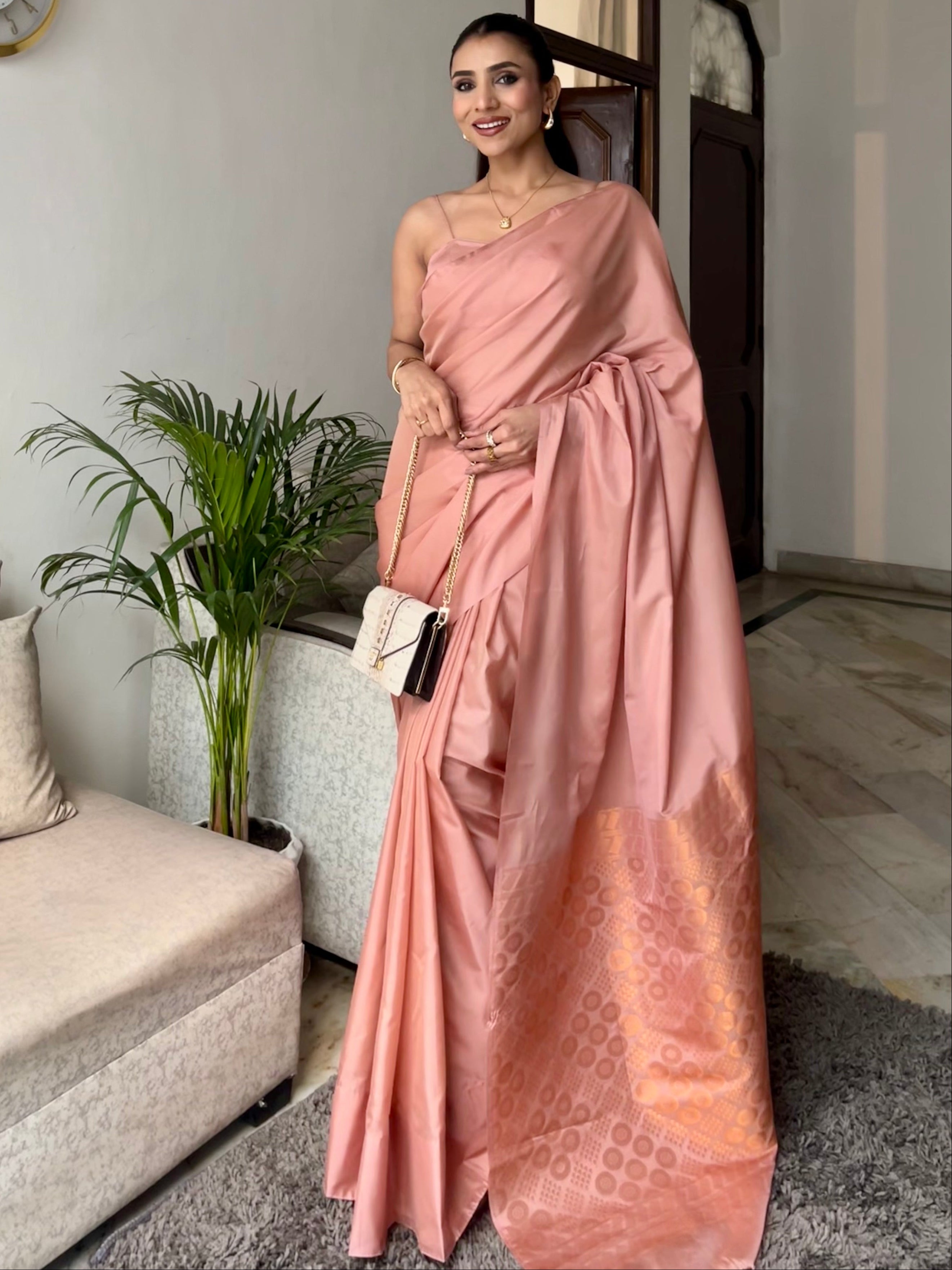 Biscuit Saree with Gold Woven Jacquard Pallu & Self Blouse Fabric