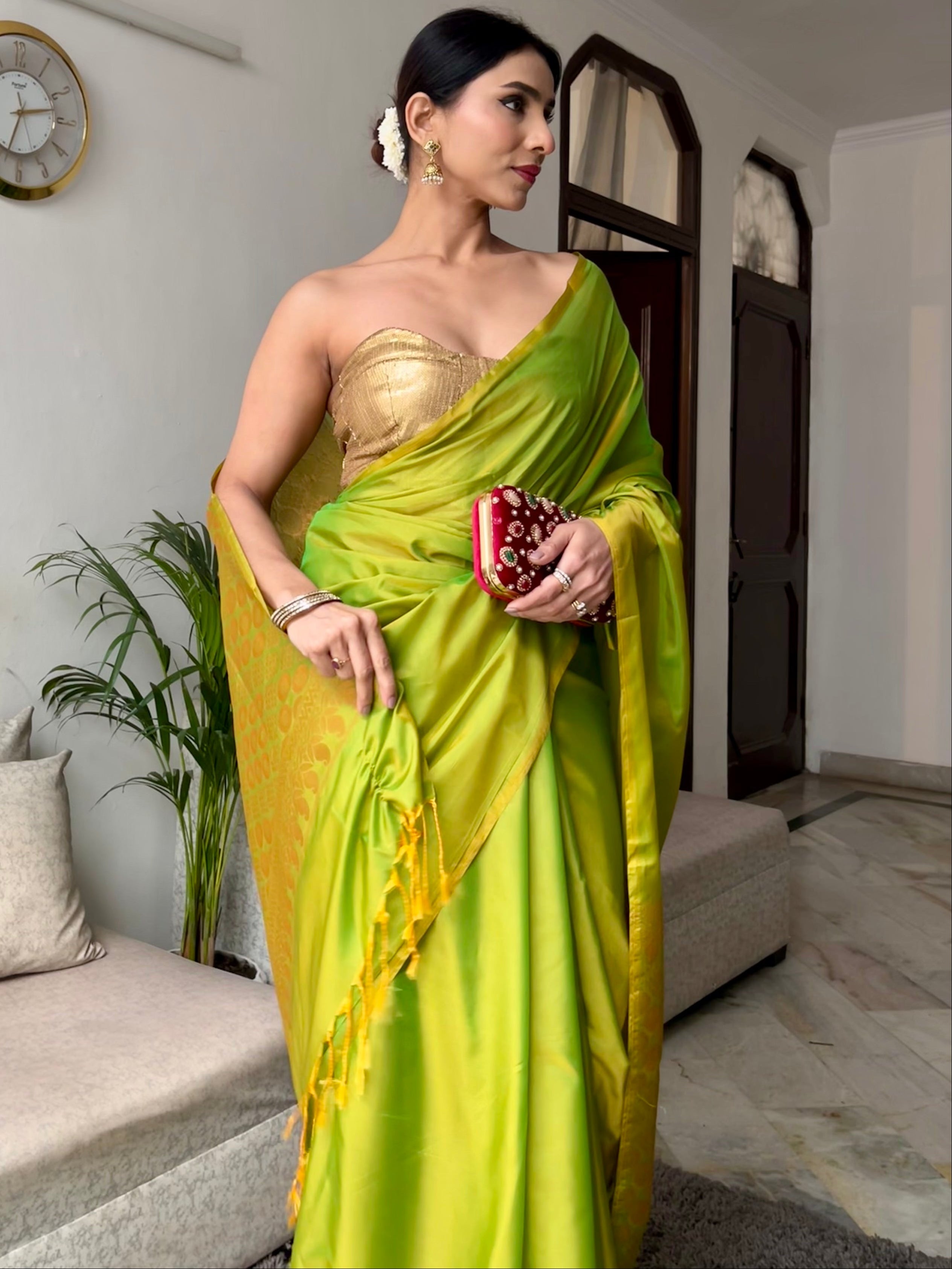 Lime Saree with Gold Woven Jacquard Pallu & Self Blouse Fabric