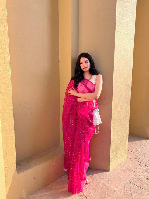 Gold Dots Fuschia Sparkle Organza Saree with Blouse Fabric