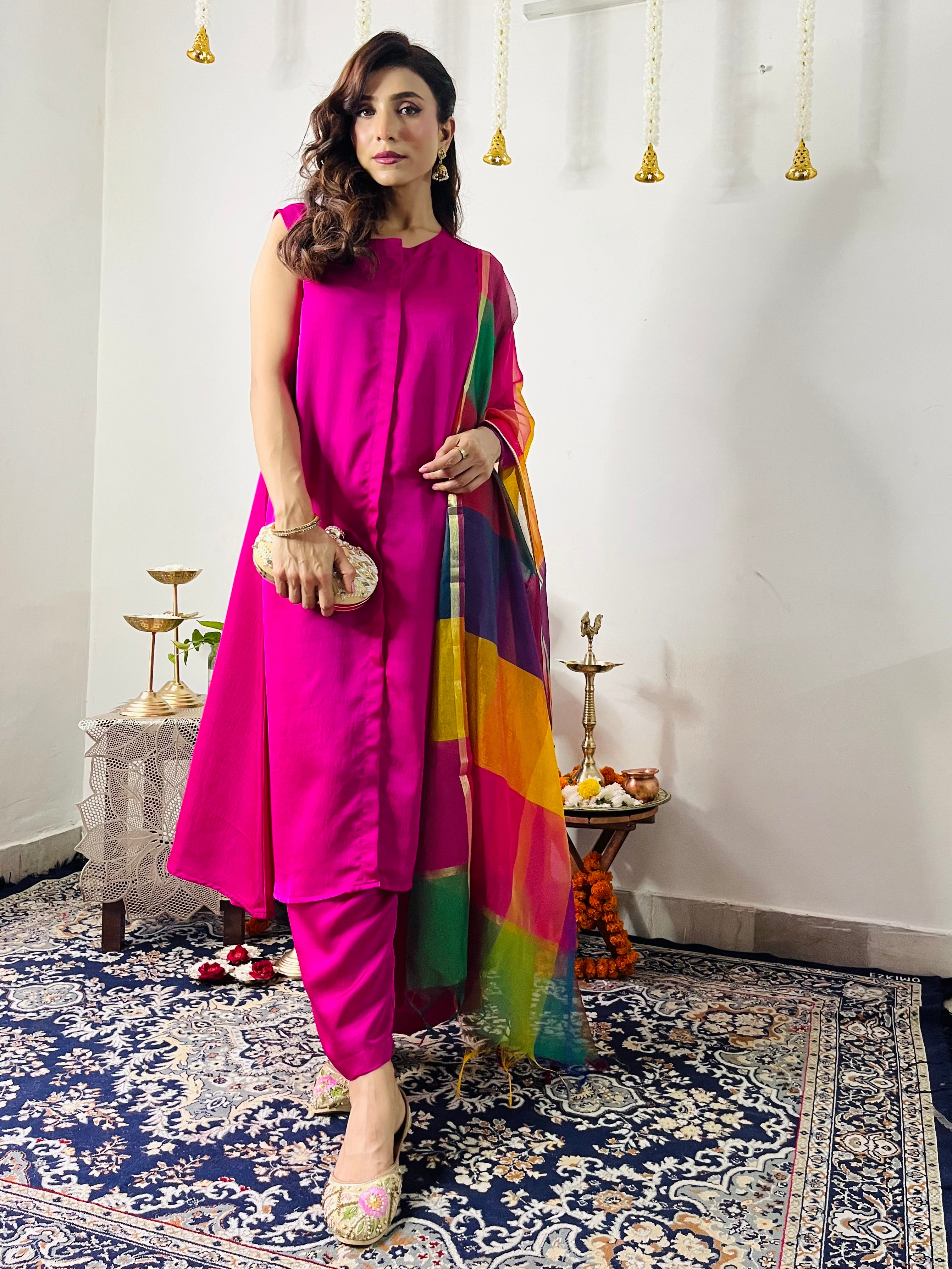 3 Pc Suit Set - Fuschia Lux Sleeveless Suit  with Multicolor Dupatta