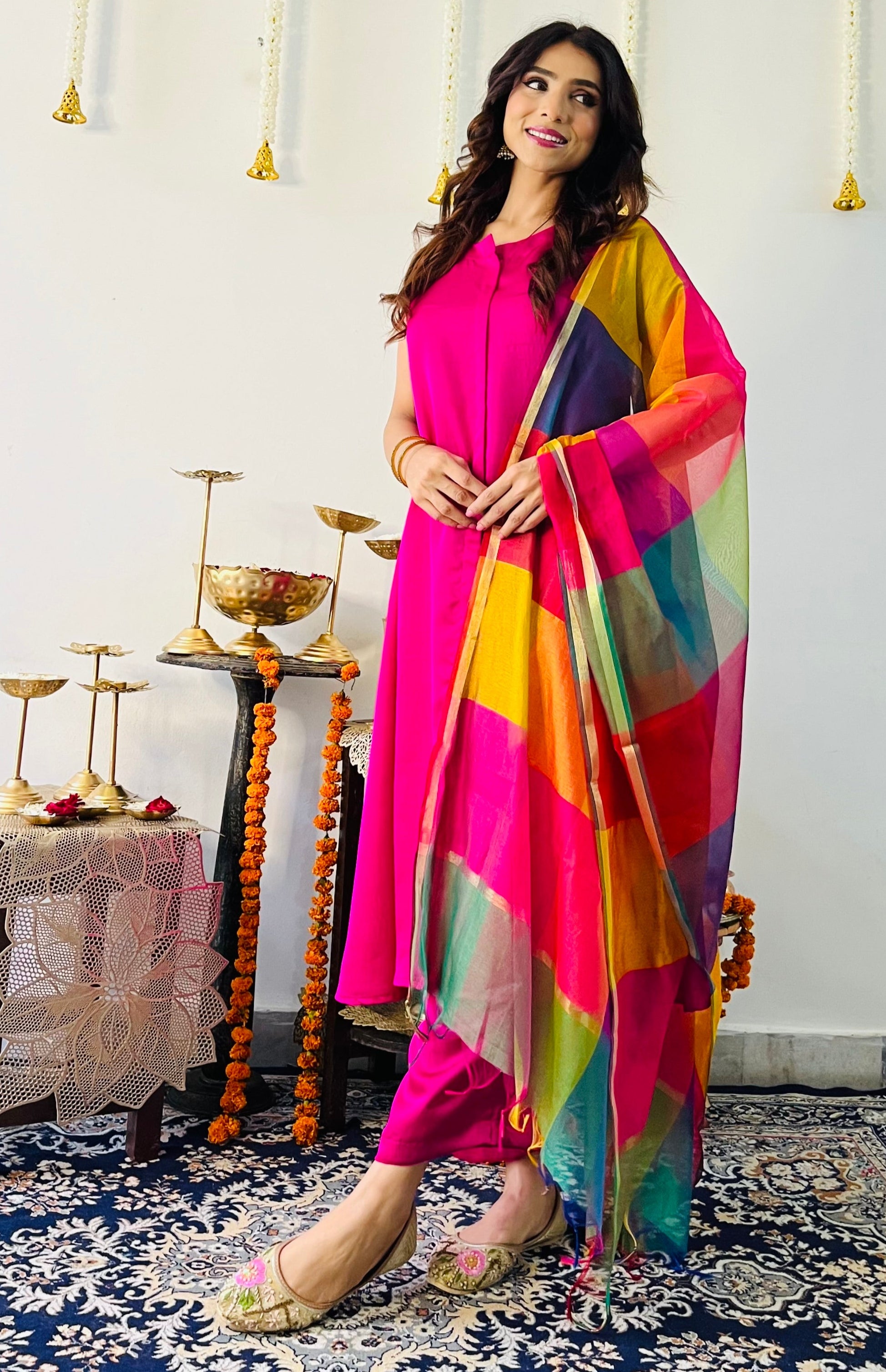 3 Pc Suit Set - Fuschia Lux Sleeveless Suit  with Multicolor Dupatta